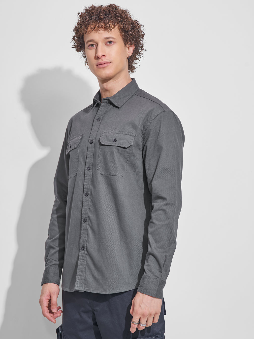 Highlander Men Charcoal Self Design Relaxed Fit Casual Shirt - Charcoal - Image 4