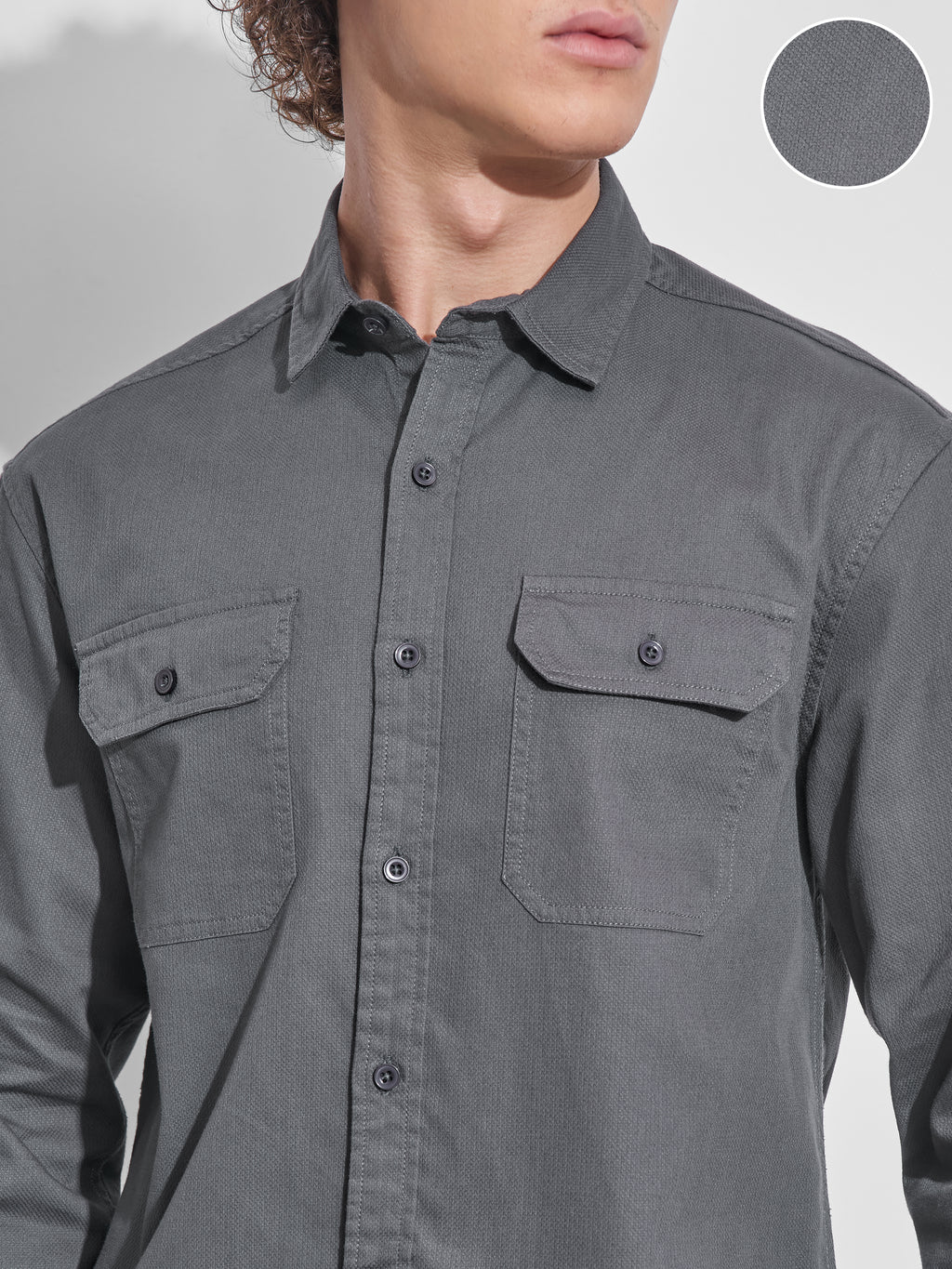 Highlander Men Charcoal Self Design Relaxed Fit Casual Shirt - Charcoal - Image 5