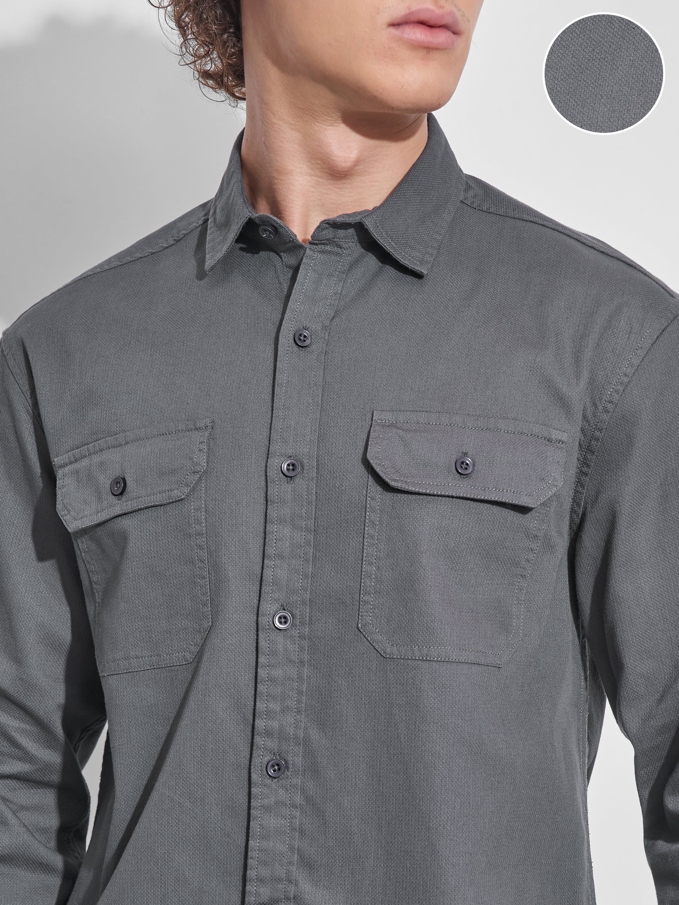 Highlander Men Charcoal Self Design Relaxed Fit Casual Shirt - Charcoal - Image 5