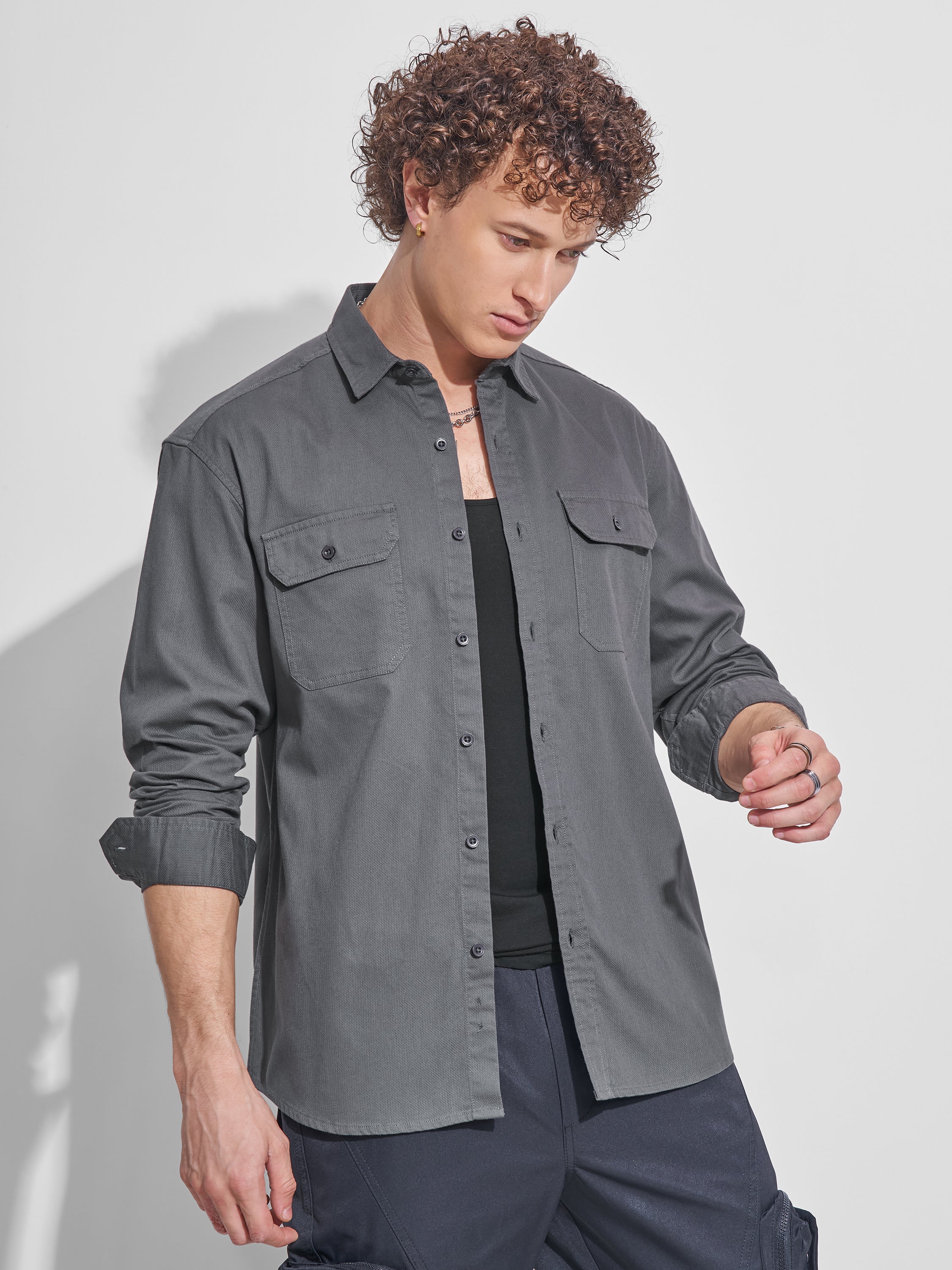 Highlander Men Charcoal Self Design Relaxed Fit Casual Shirt - Charcoal - Image 6