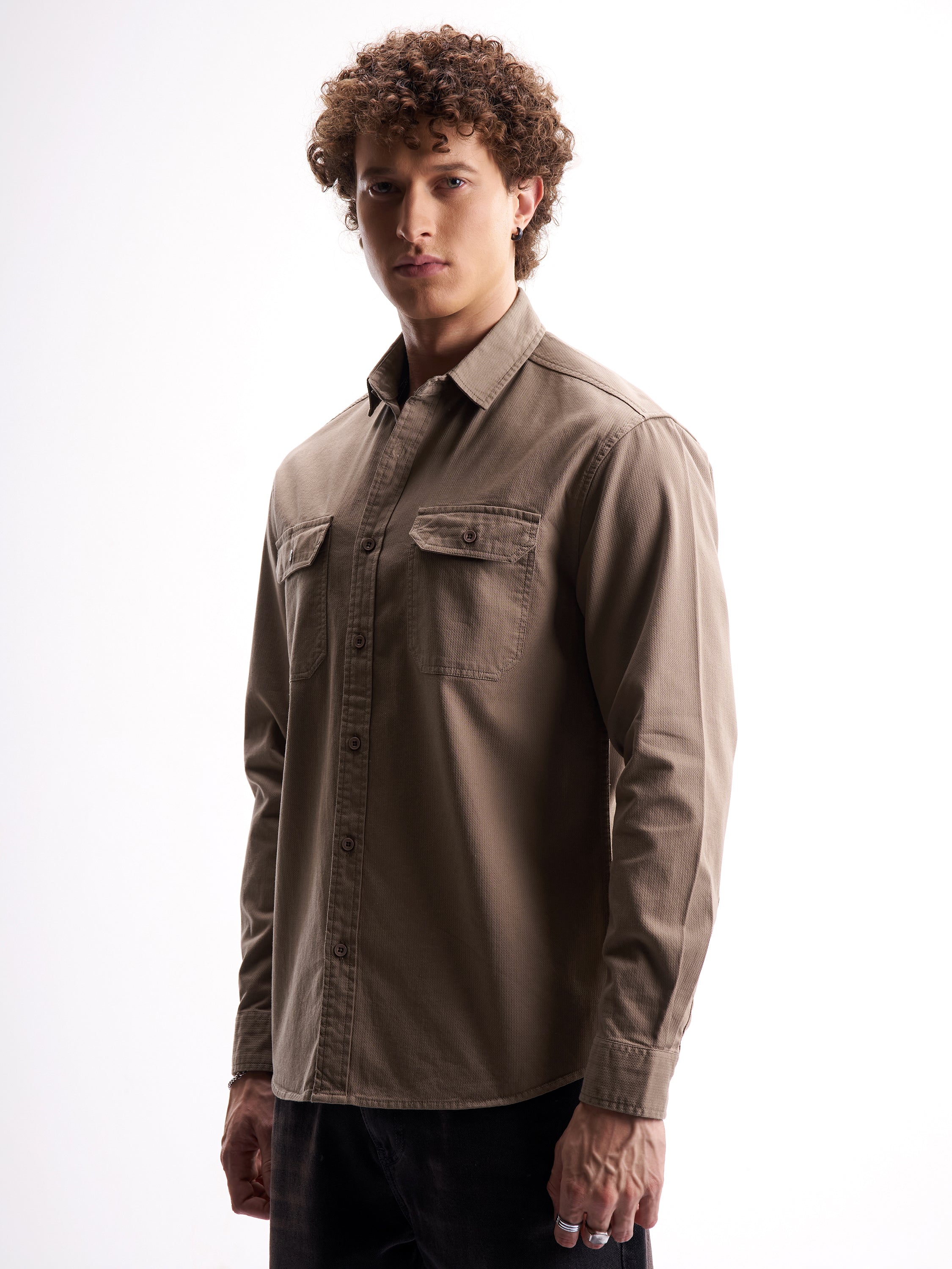 Highlander Men Tan Self Design Relaxed Fit Casual Shirt - Tan - Image 4