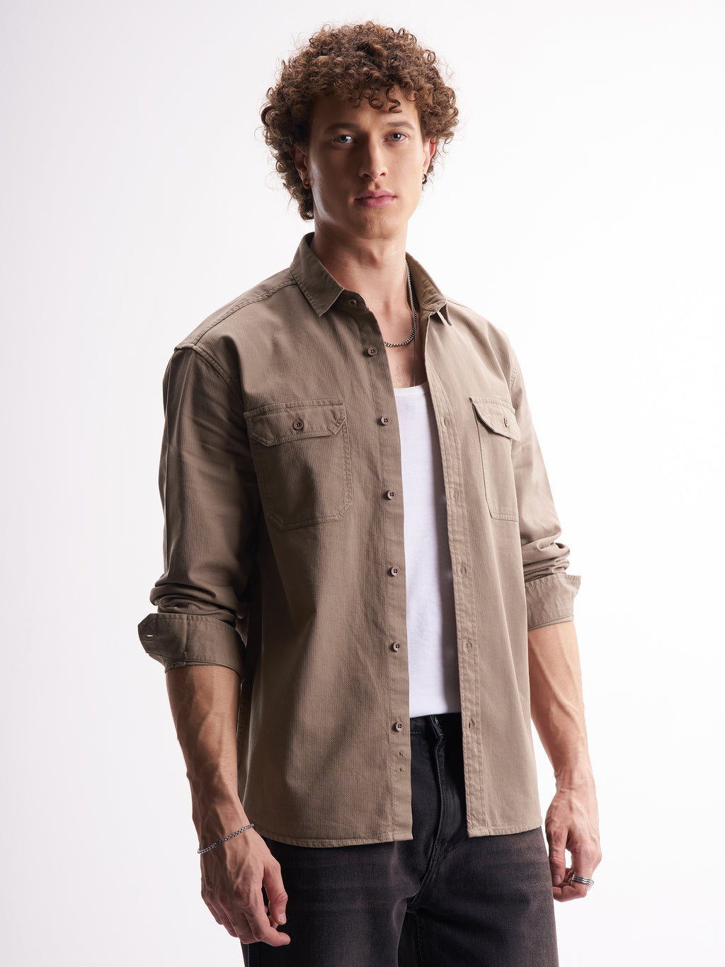 Highlander Men Tan Self Design Relaxed Fit Casual Shirt - Tan - Image 6