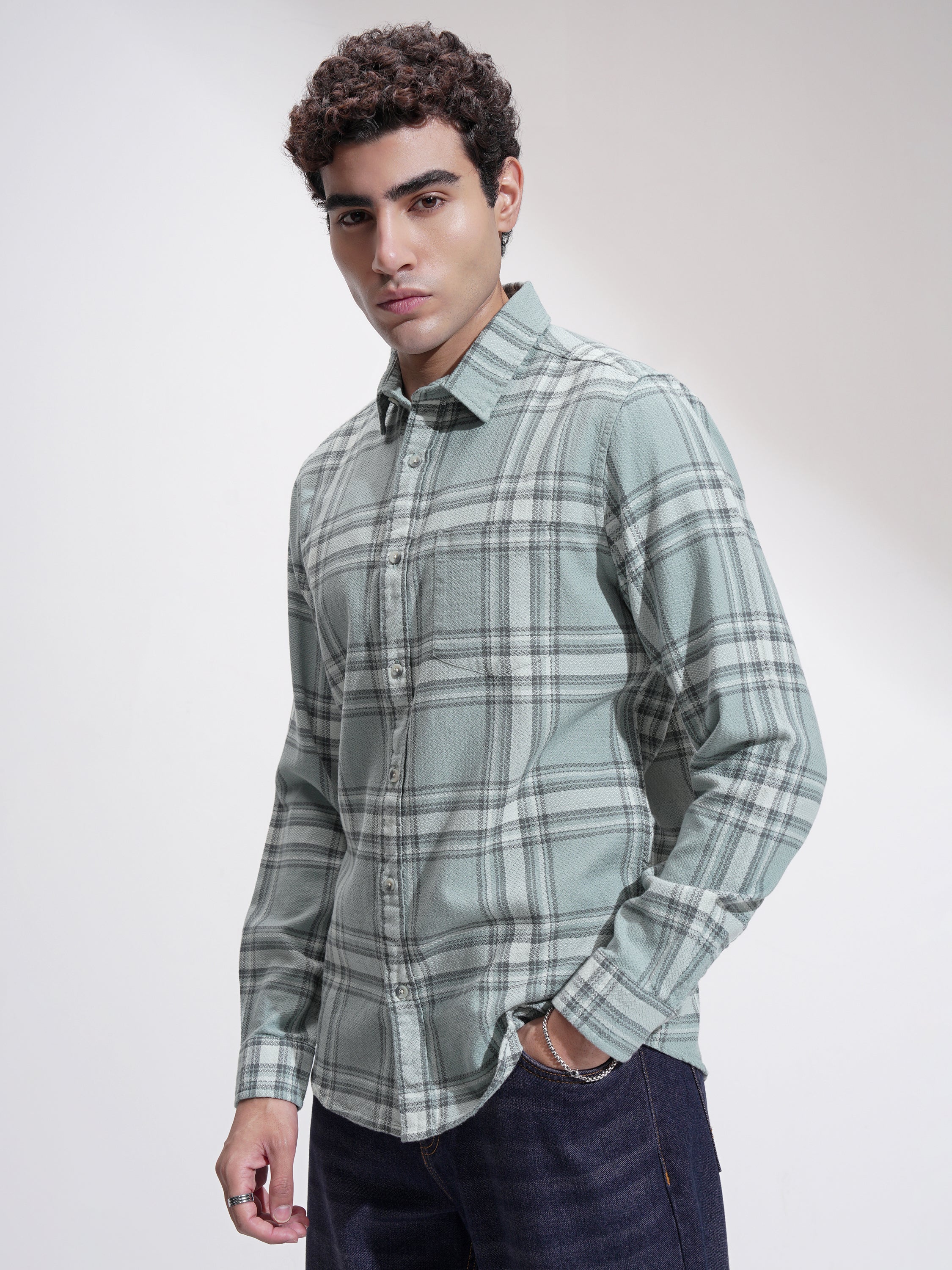 Highlander Men Sage Checked Slim Fit Casual Shirt - Sage - Image 4