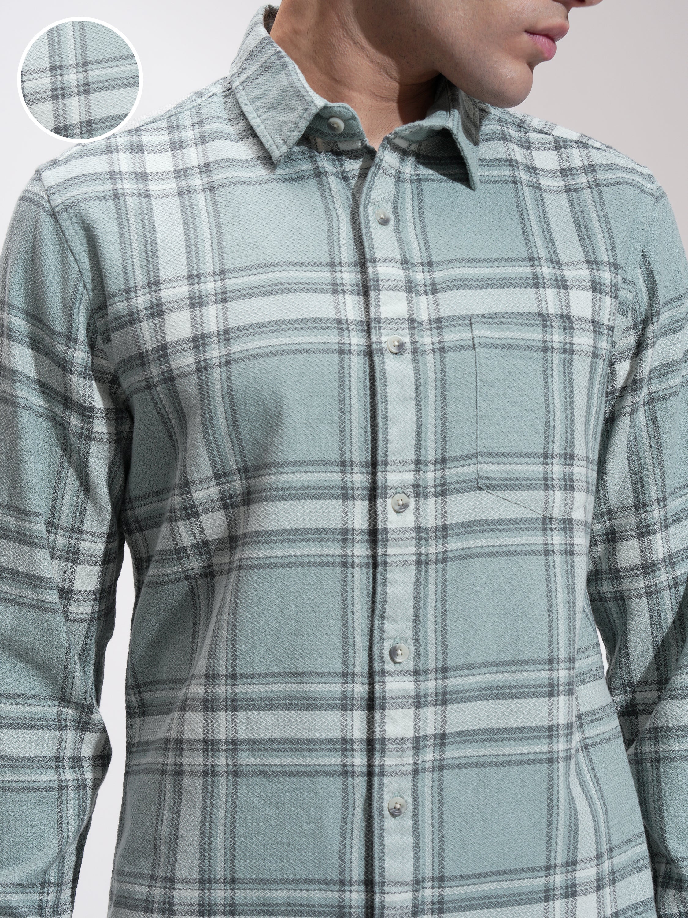 Highlander Men Sage Checked Slim Fit Casual Shirt - Sage - Image 5