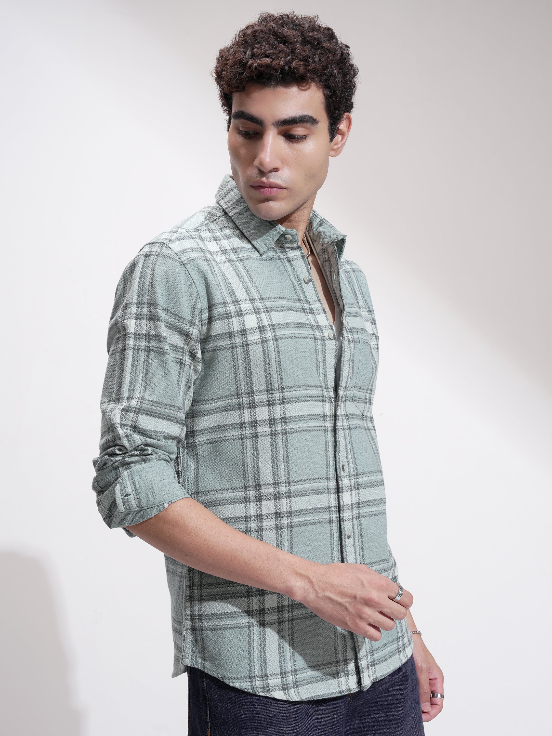 Highlander Men Sage Checked Slim Fit Casual Shirt - Sage - Image 6