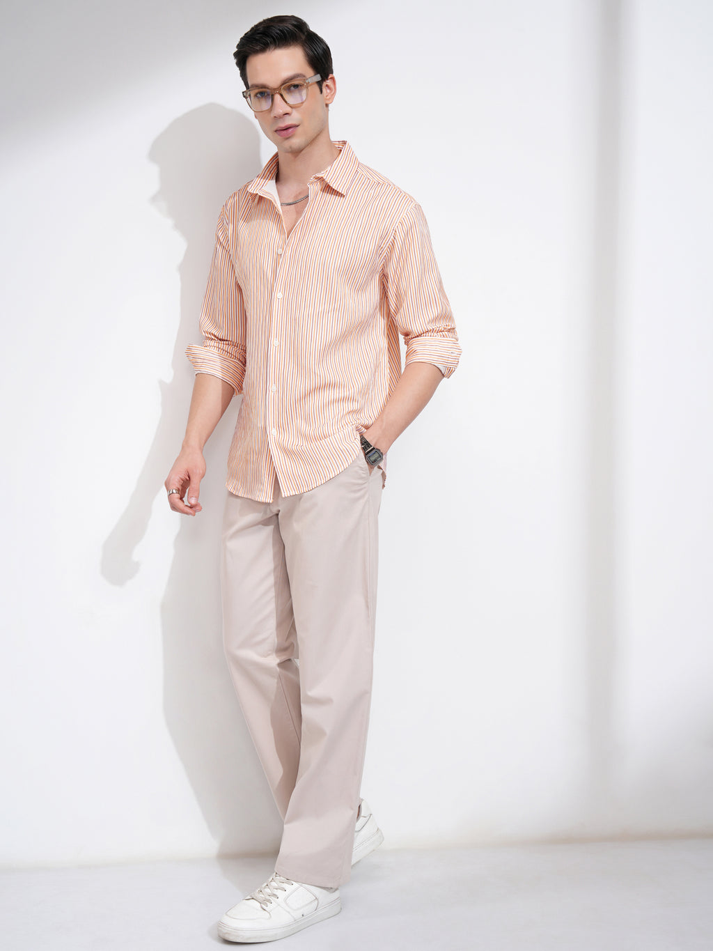 Highlander Men Orange Striped Relaxed Fit Casual Shirt - Orange - Image 2