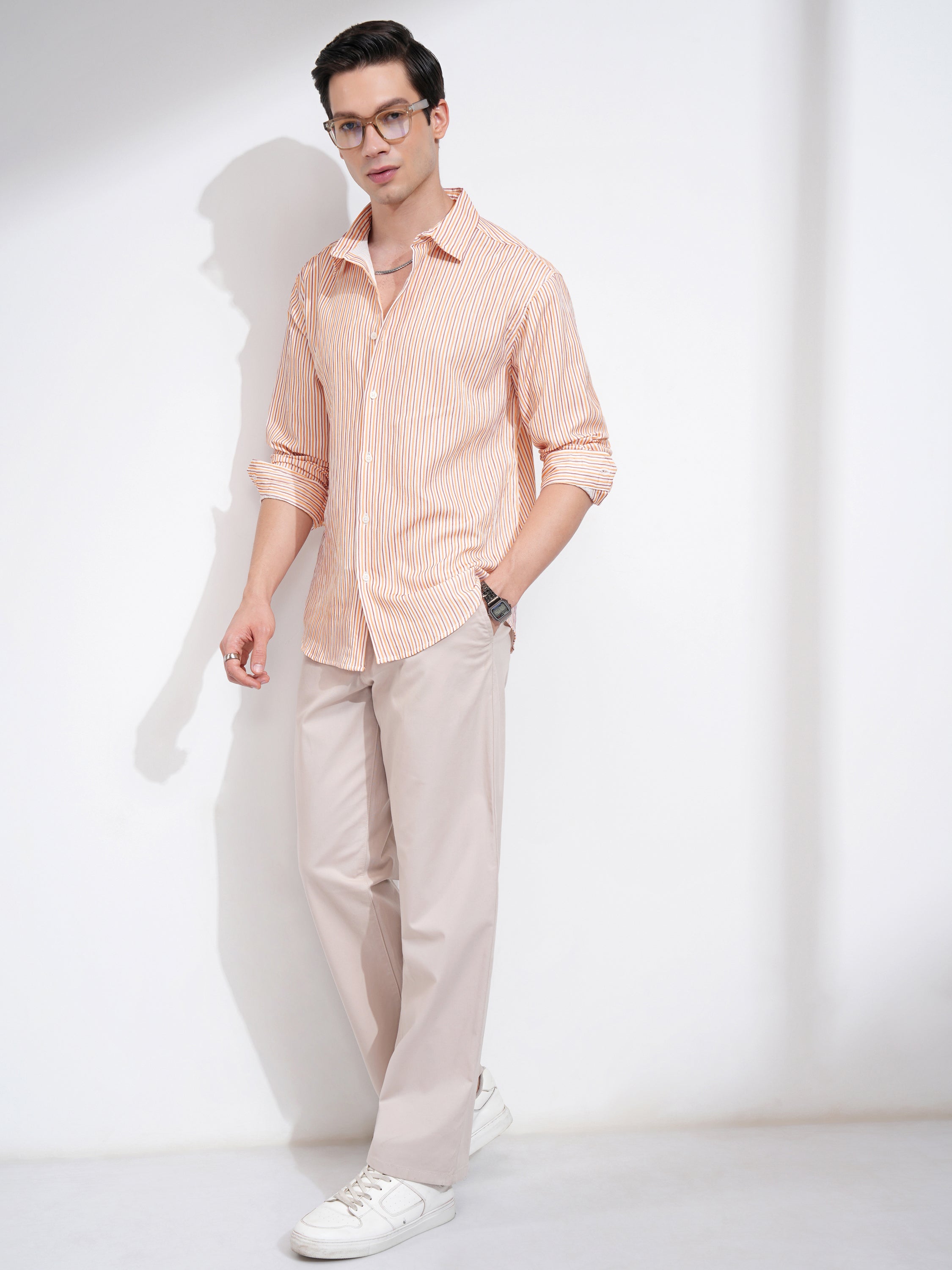 Highlander Men Orange Striped Relaxed Fit Casual Shirt - Orange - Image 2