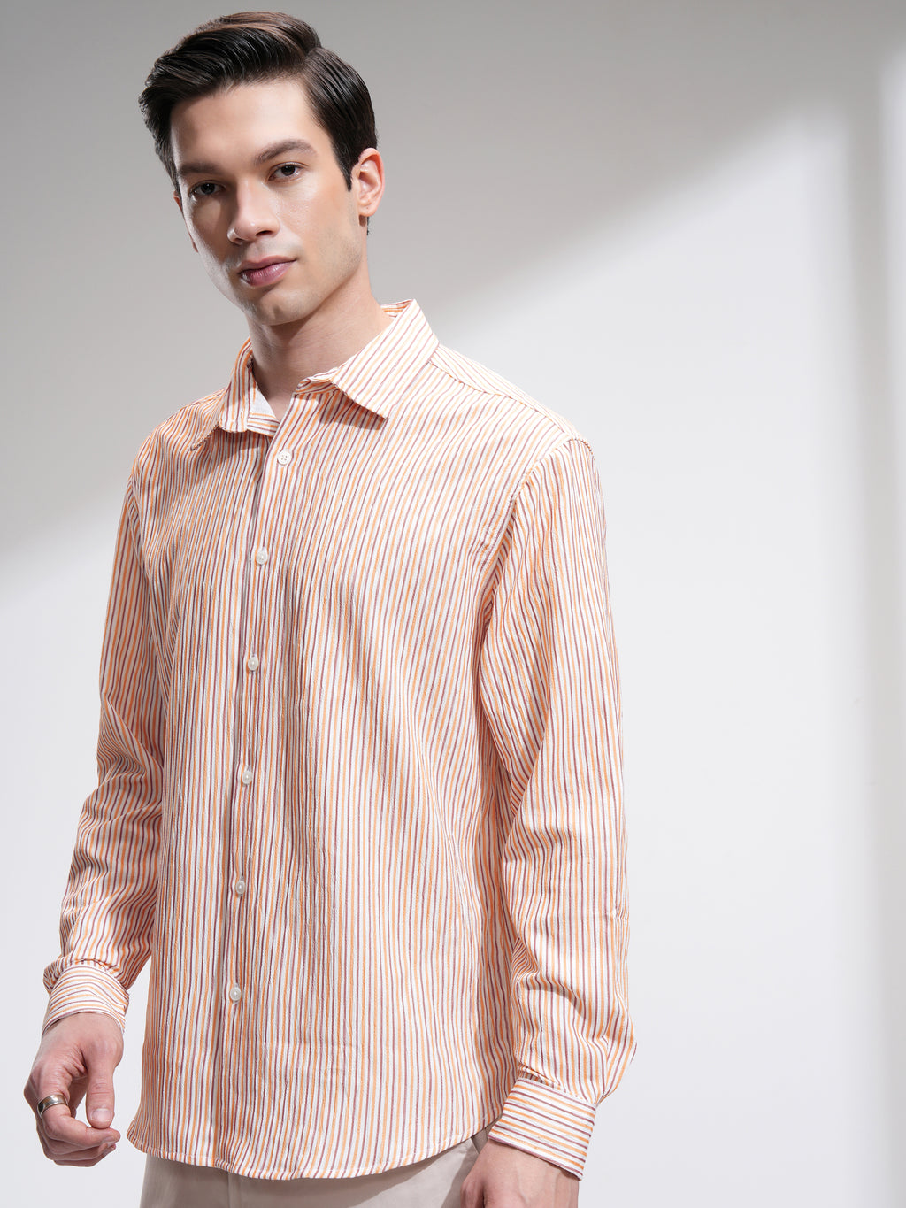 Highlander Men Orange Striped Relaxed Fit Casual Shirt - Orange - Image 4