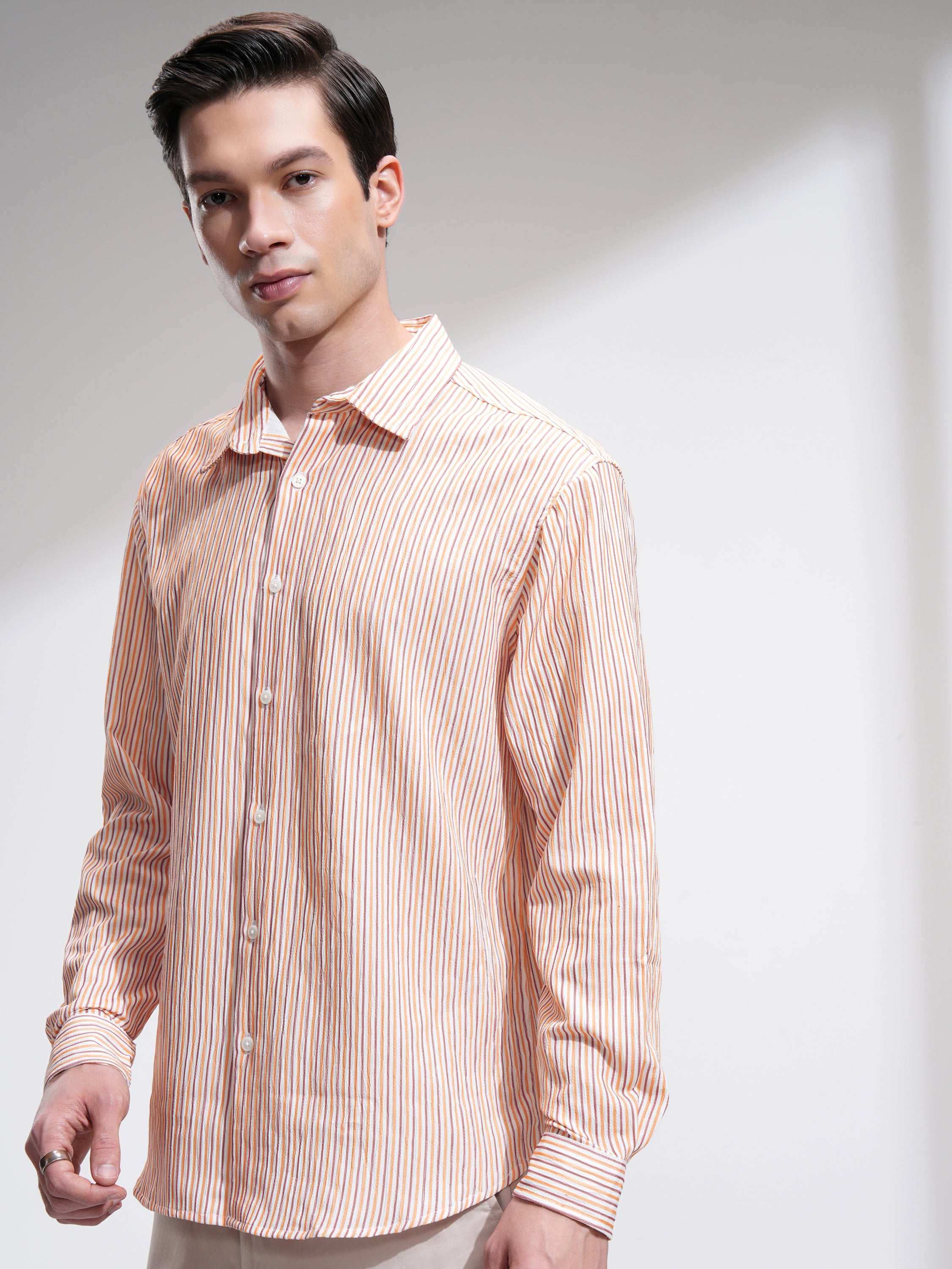 Highlander Men Orange Striped Relaxed Fit Casual Shirt - Orange - Image 4