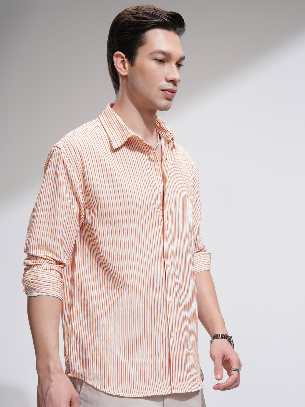 Highlander Men Orange Striped Relaxed Fit Casual Shirt - Orange - Image 6