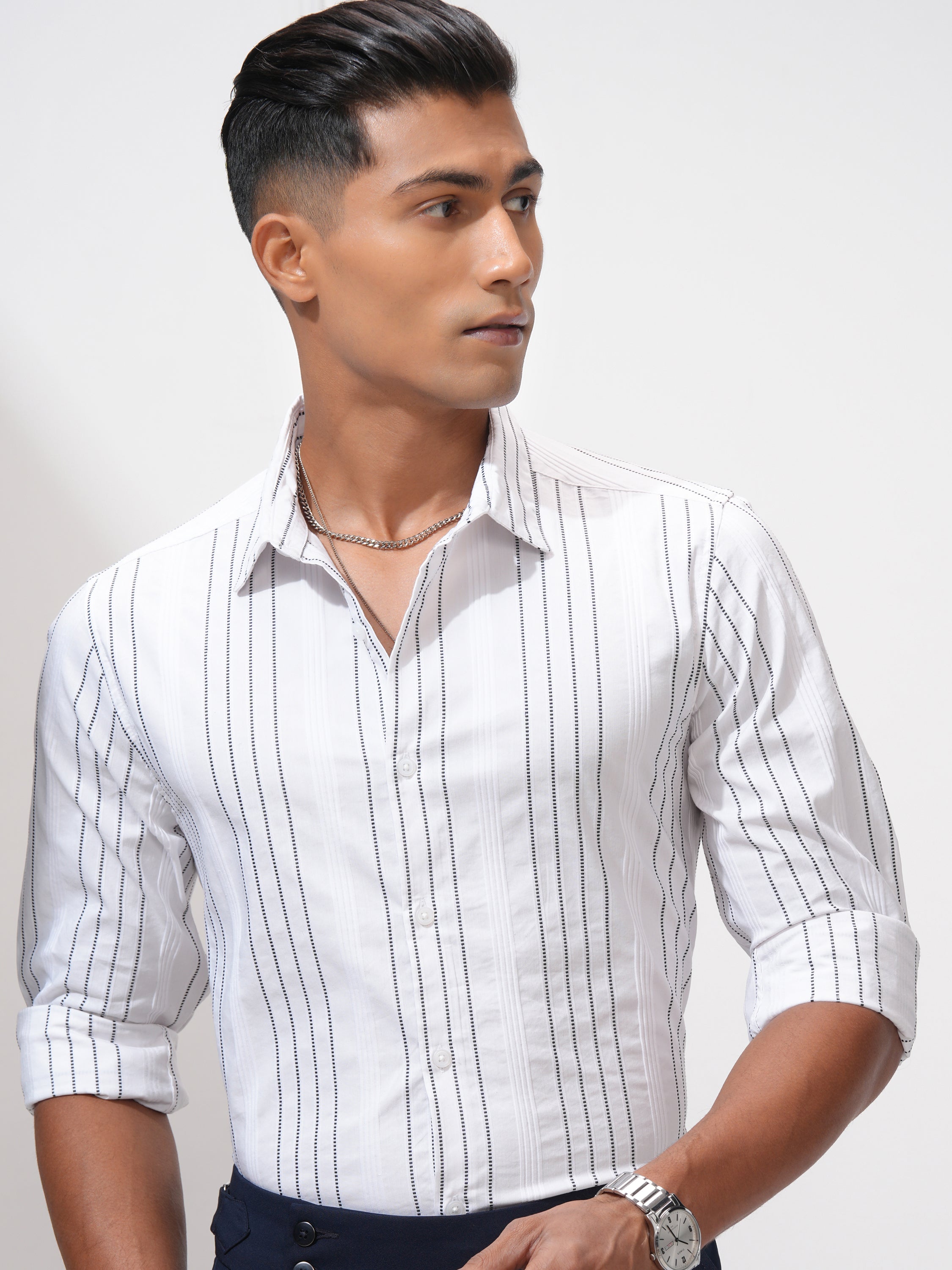 Highlander Men White Striped Slim Fit Casual Shirt - White - Image 1