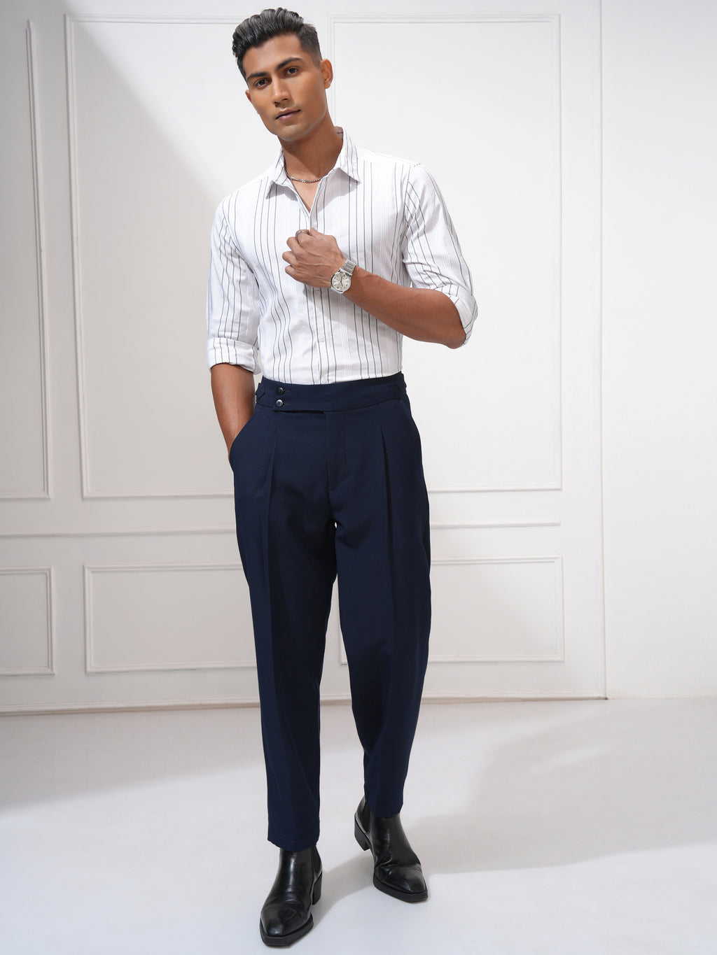 Highlander Men White Striped Slim Fit Casual Shirt - White - Image 2