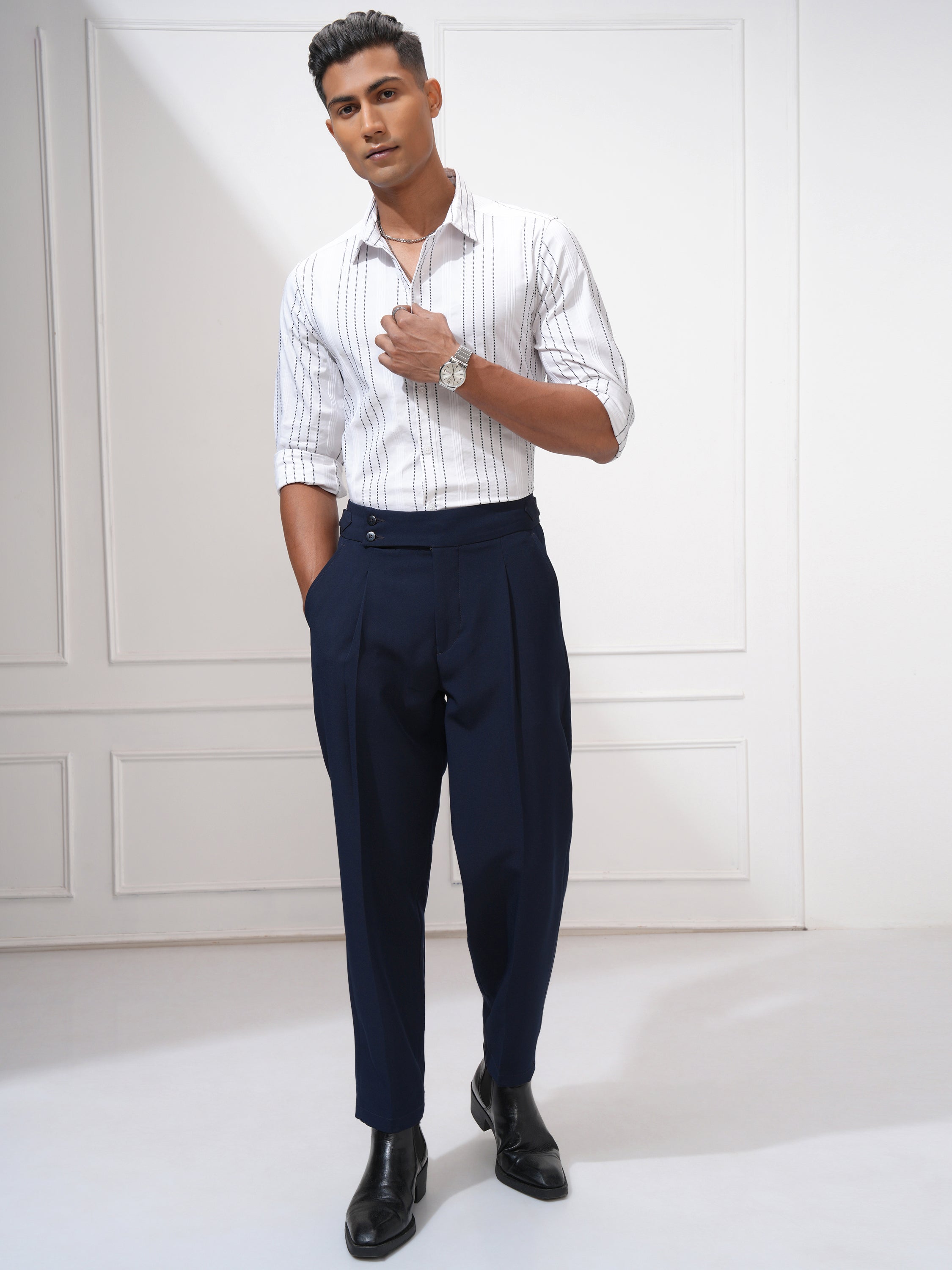 Highlander Men White Striped Slim Fit Casual Shirt - White - Image 2