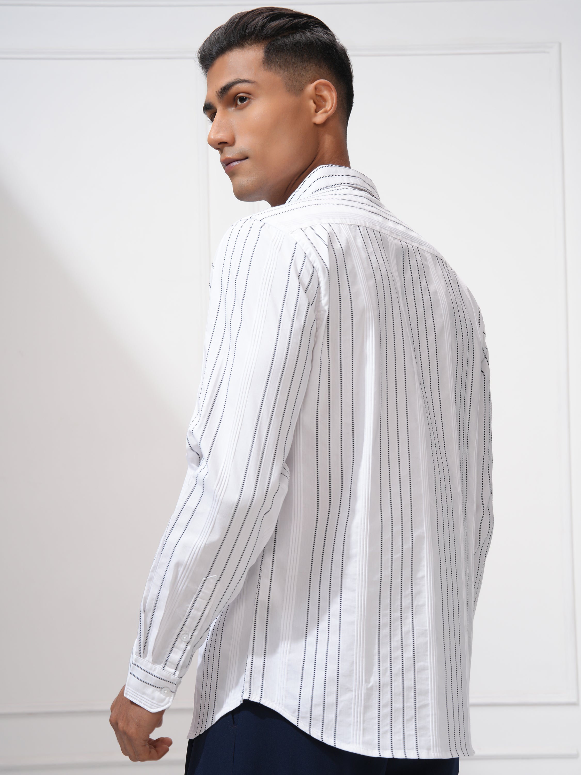 Highlander Men White Striped Slim Fit Casual Shirt - White - Image 3