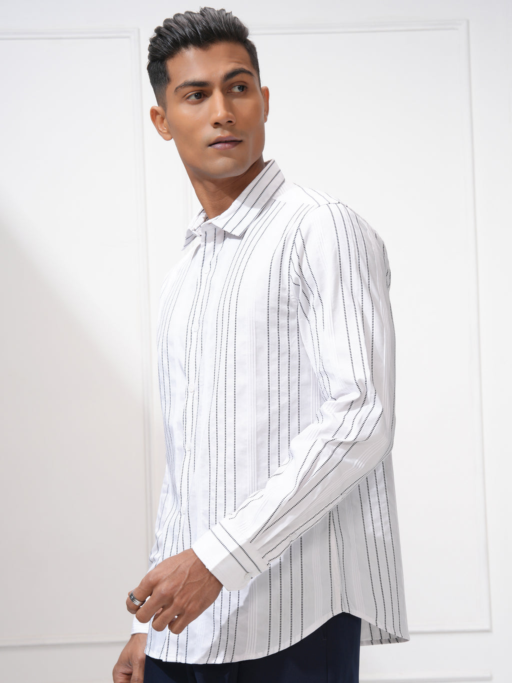Highlander Men White Striped Slim Fit Casual Shirt - White - Image 4
