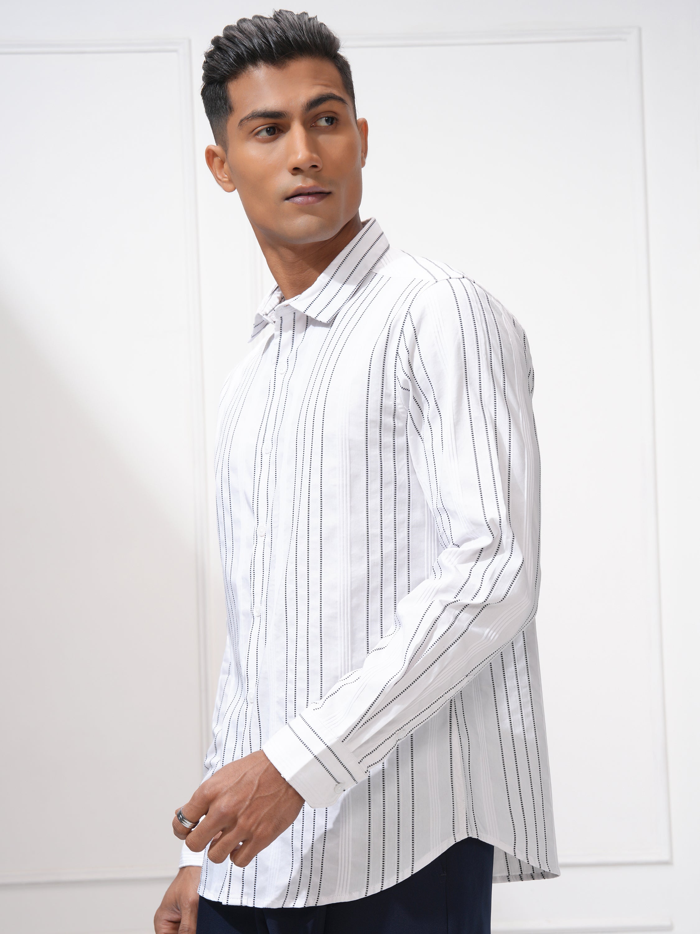 Highlander Men White Striped Slim Fit Casual Shirt - White - Image 4