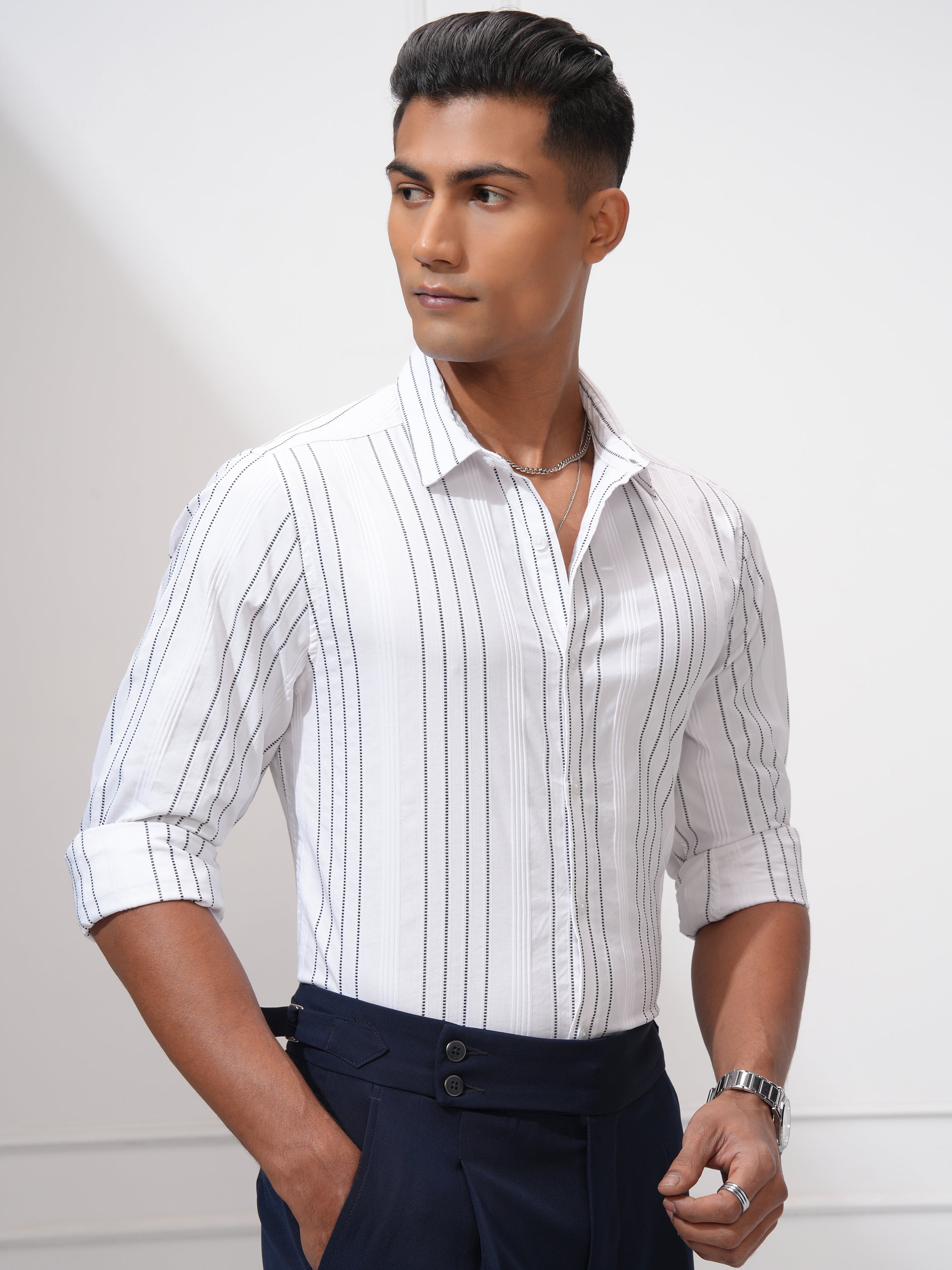 Highlander Men White Striped Slim Fit Casual Shirt - White - Image 6
