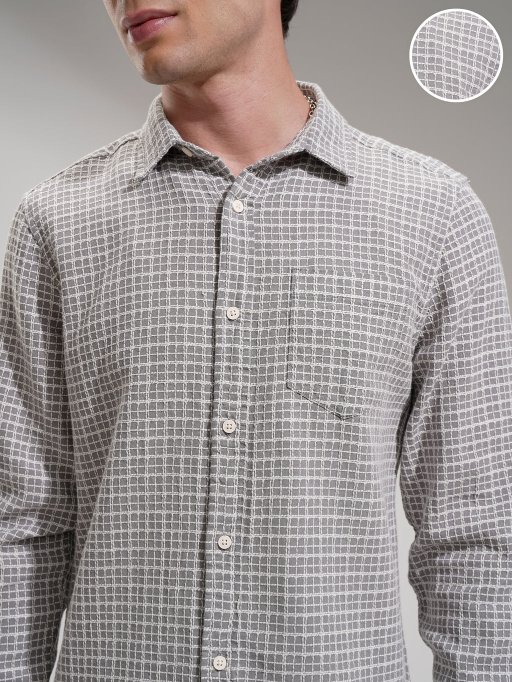 Highlander Men Grey Checked Slim Fit Casual Shirt - Grey - Image 5