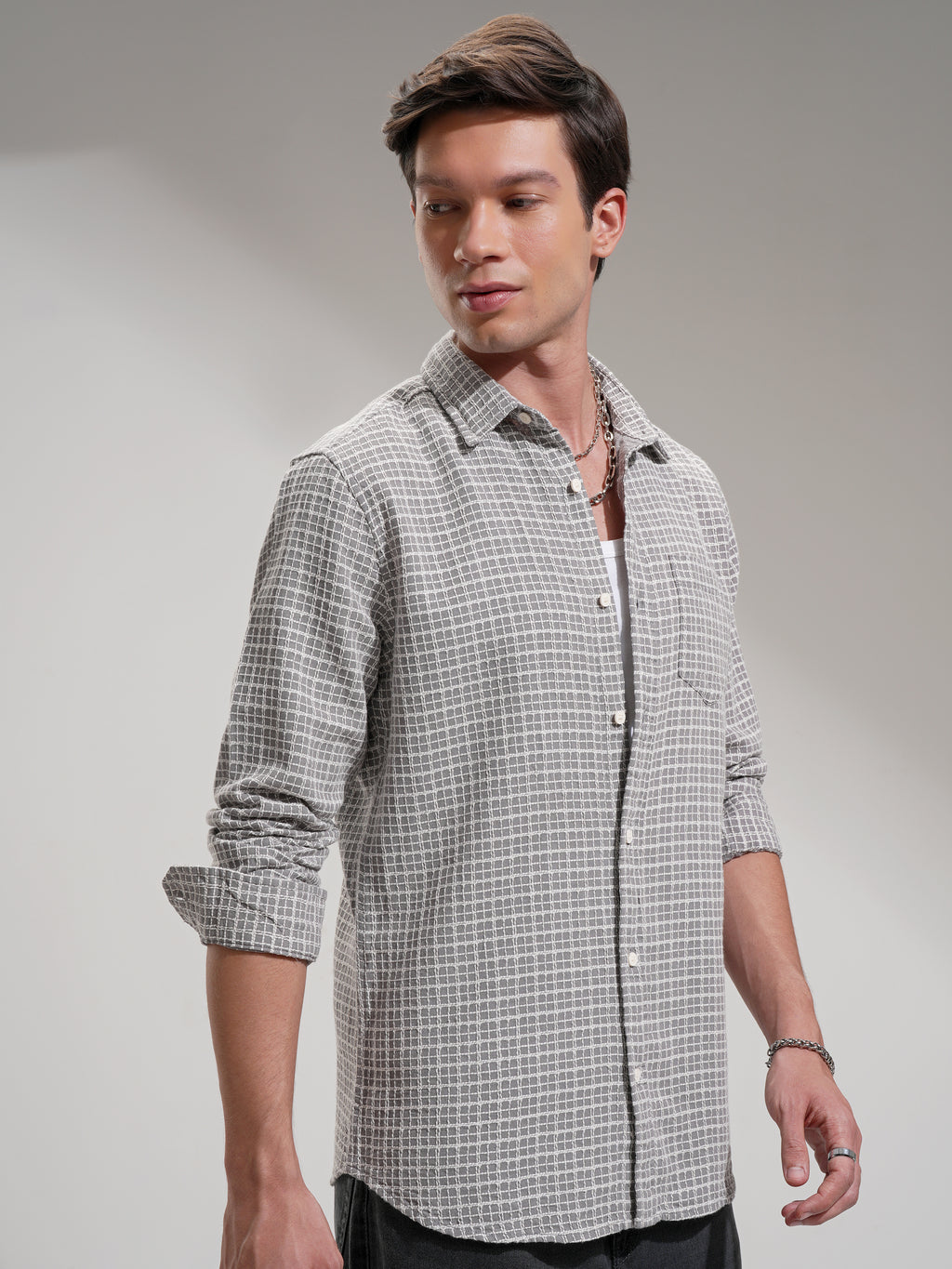 Highlander Men Grey Checked Slim Fit Casual Shirt - Grey - Image 6