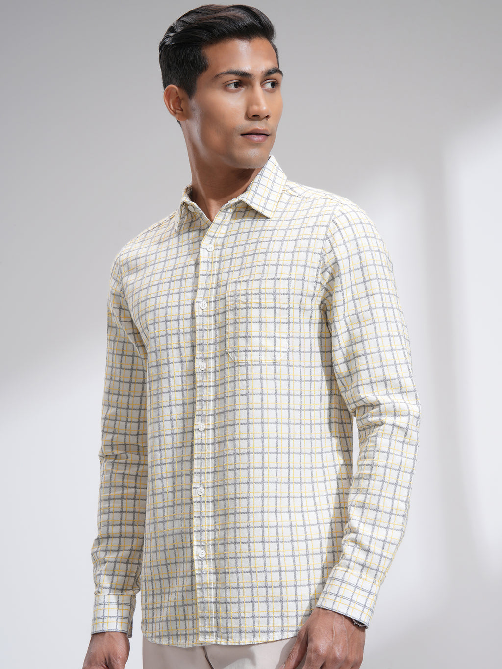 Highlander Men Off White Checked Slim Fit Casual Shirt - Off White - Image 4