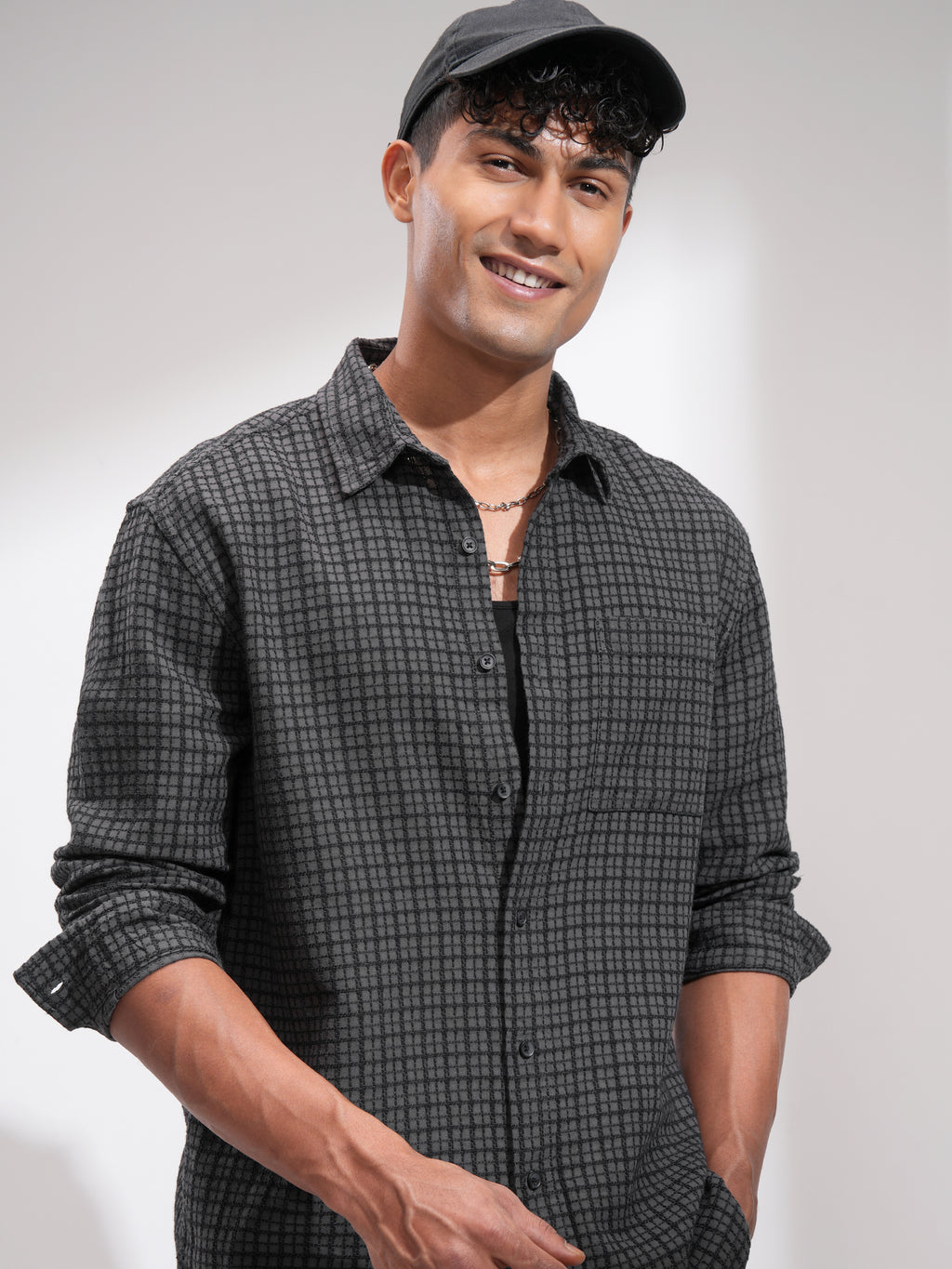 Highlander Men Grey Checked Relaxed Fit Casual Shirt - Grey - Image 1