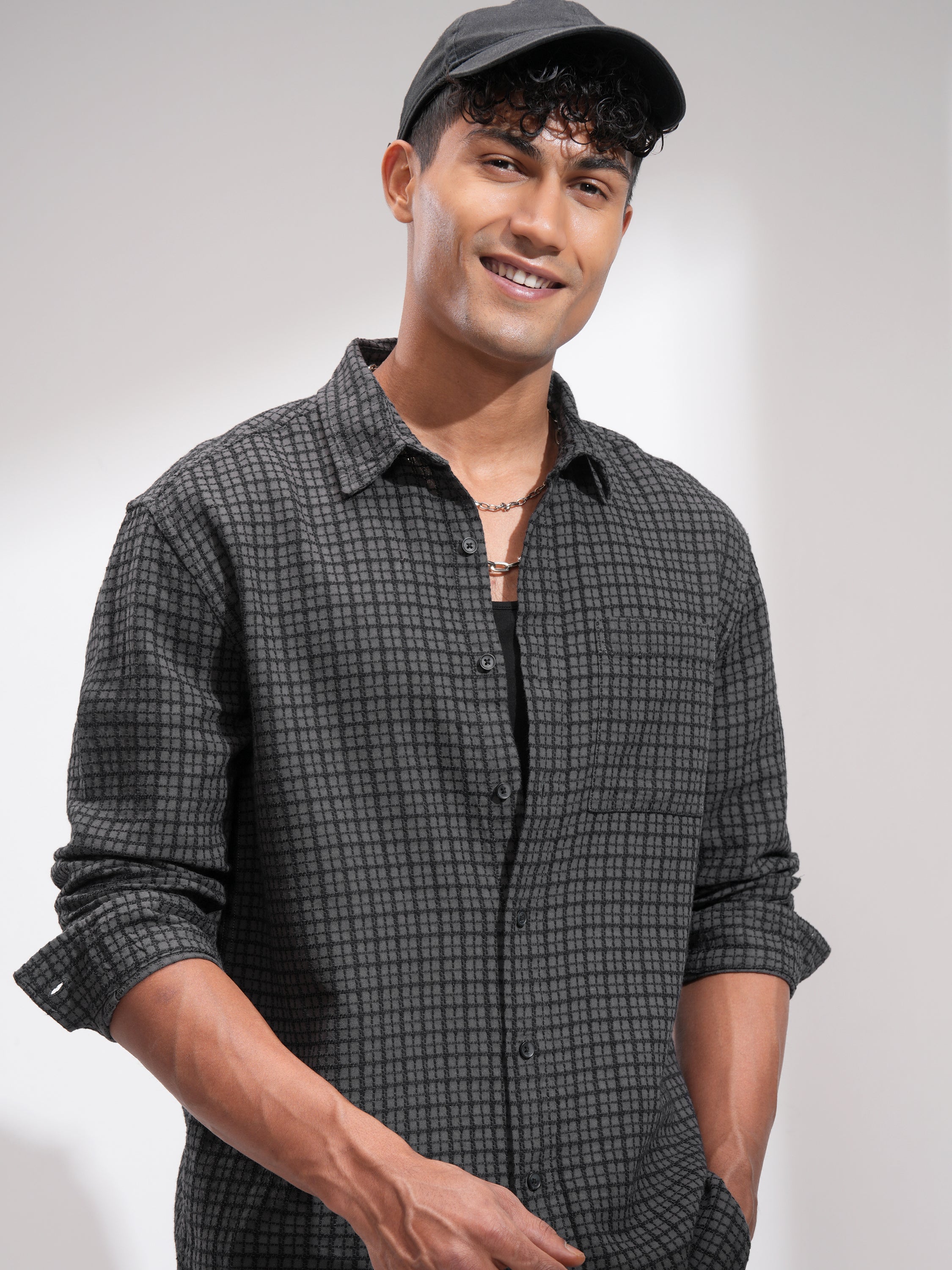 Highlander Men Grey Checked Relaxed Fit Casual Shirt - Grey - Image 1