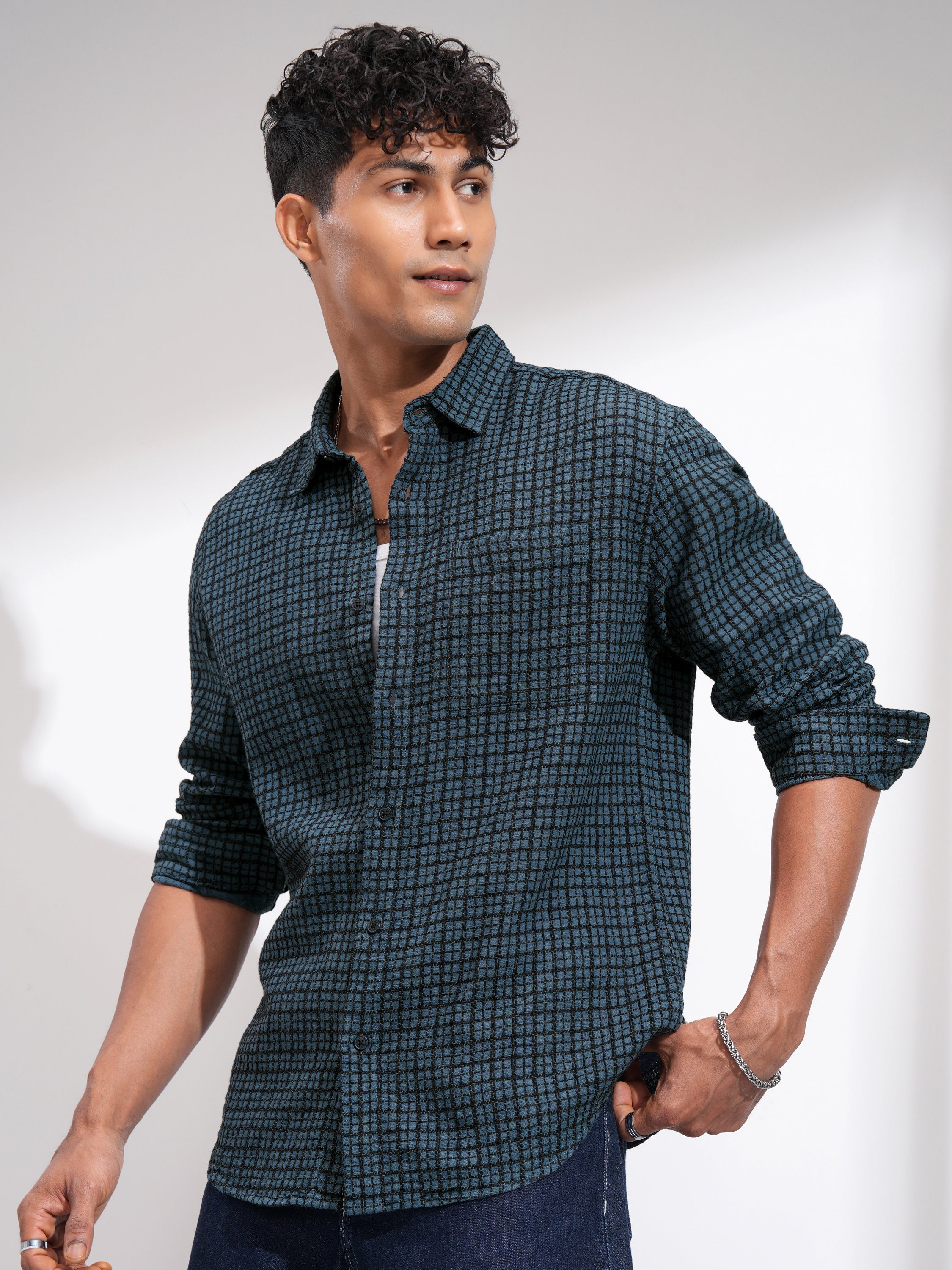 Highlander Men Blue Checked Relaxed Fit Casual Shirt - Blue - Image 4