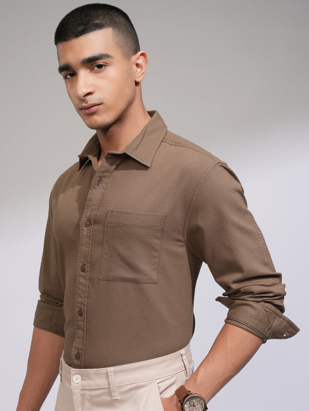 Highlander Men Brown Self Design Relaxed Fit Casual Shirt - Brown - Image 4