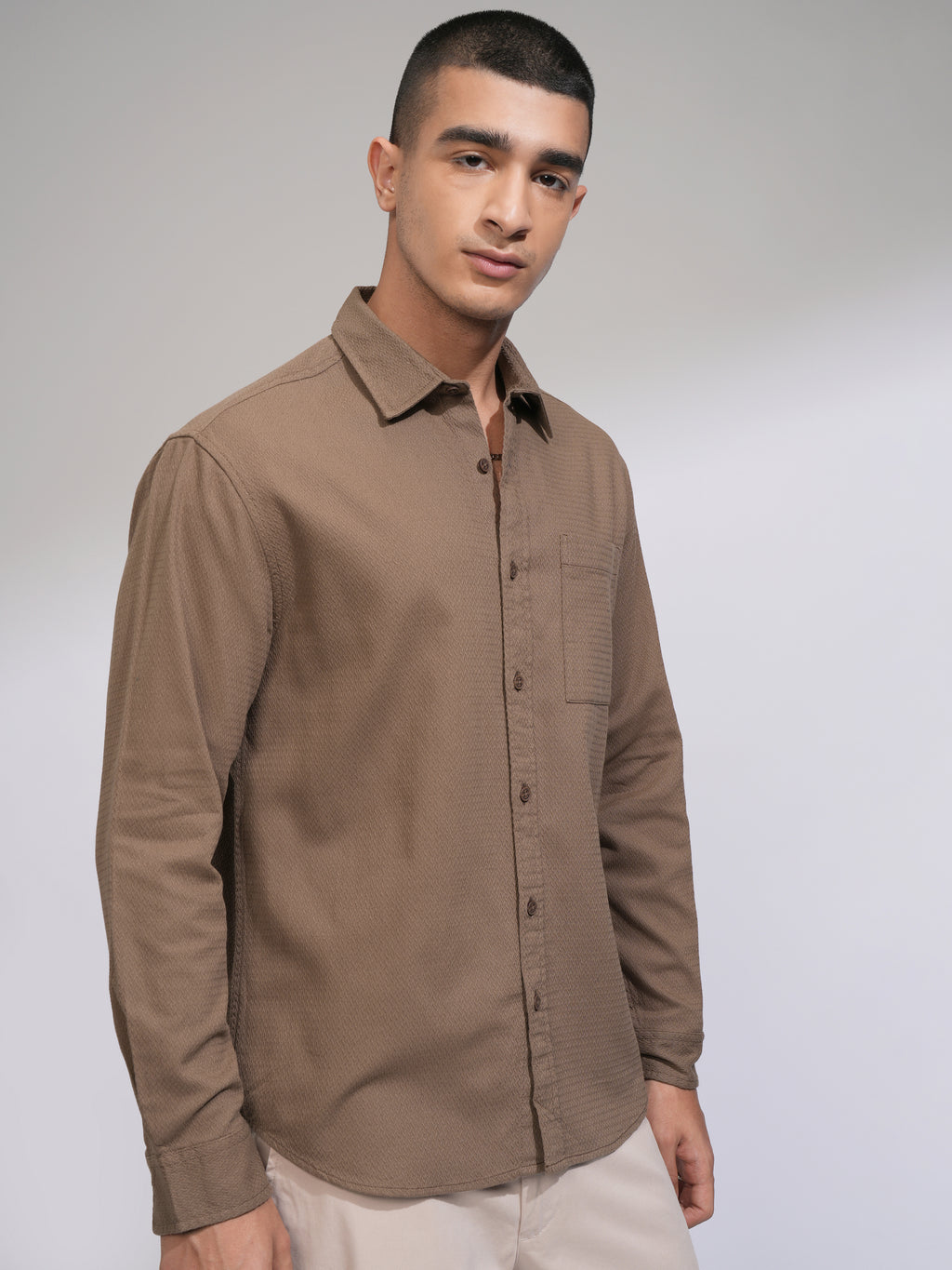 Highlander Men Brown Self Design Relaxed Fit Casual Shirt - Brown - Image 6