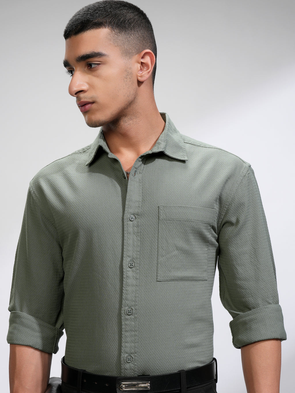 Highlander Men Green Self Design Relaxed Fit Casual Shirt - Green - Image 1