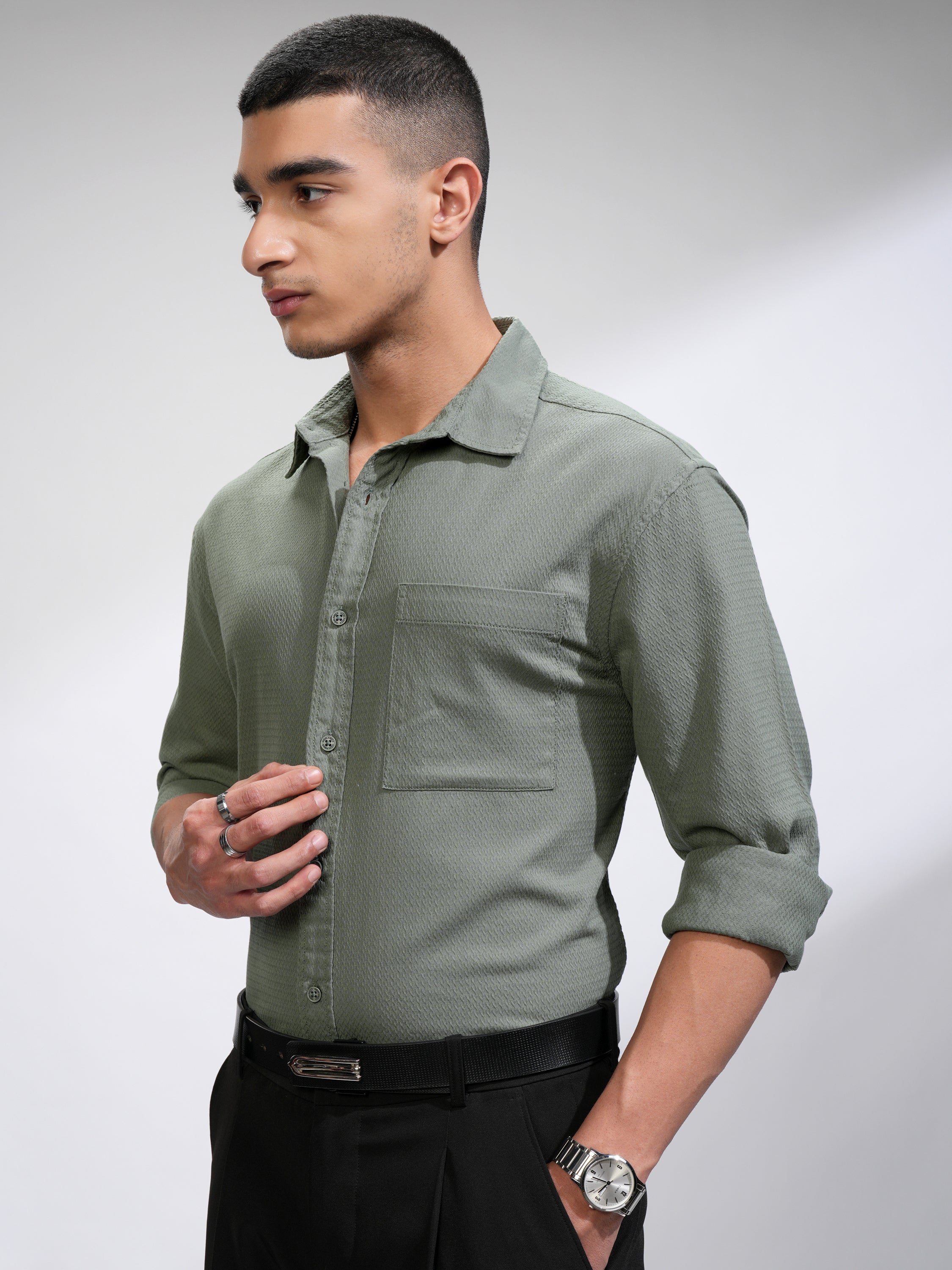 Highlander Men Green Self Design Relaxed Fit Casual Shirt - Green - Image 4