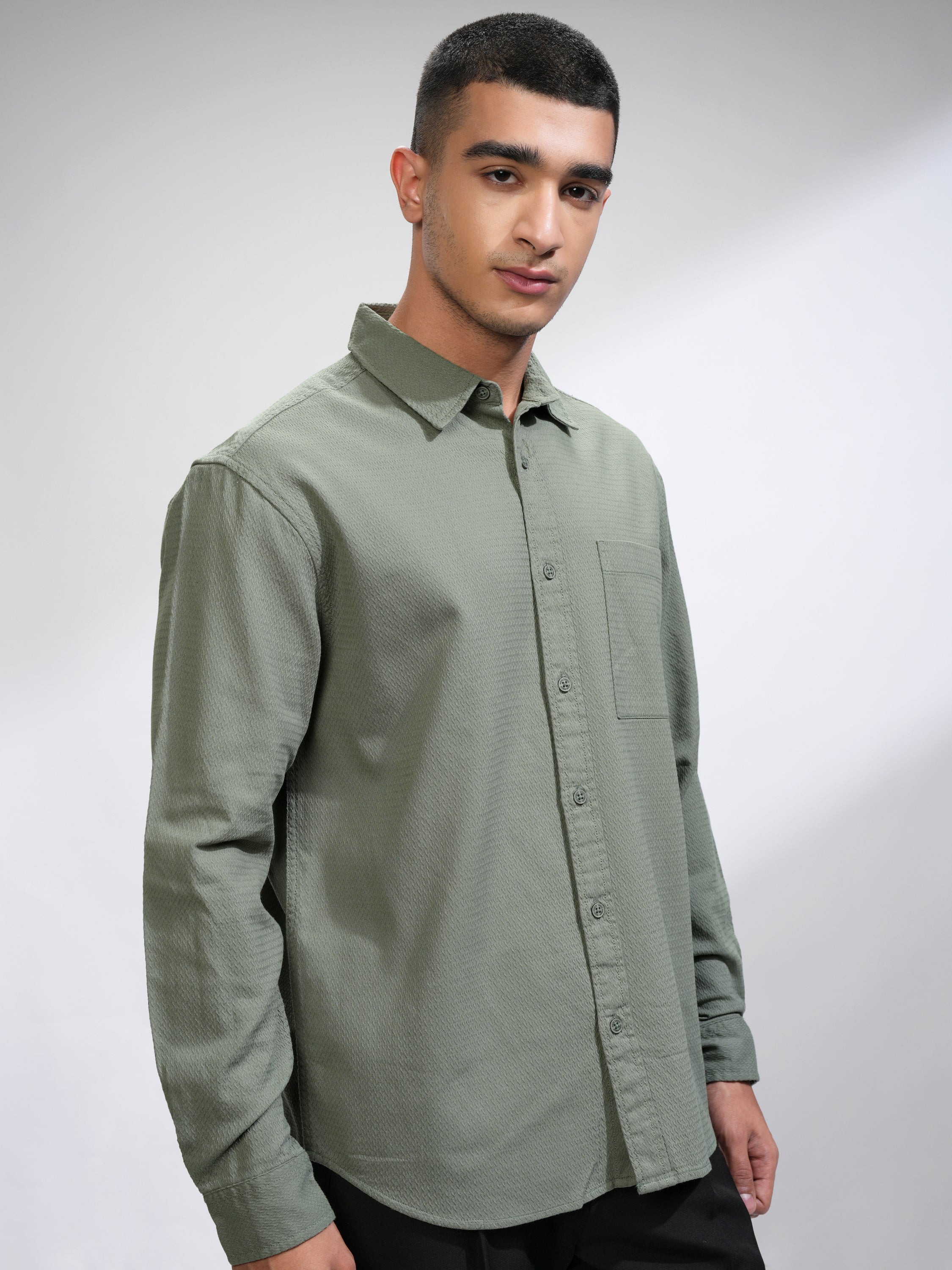 Highlander Men Green Self Design Relaxed Fit Casual Shirt - Green - Image 6