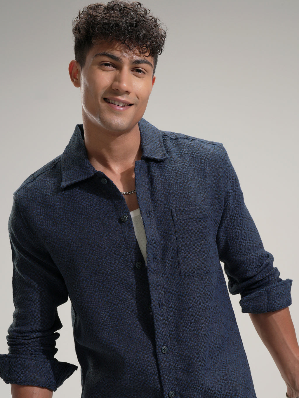 Highlander Men Blue Self Design Relaxed Fit Casual Shirt - Blue - Image 1