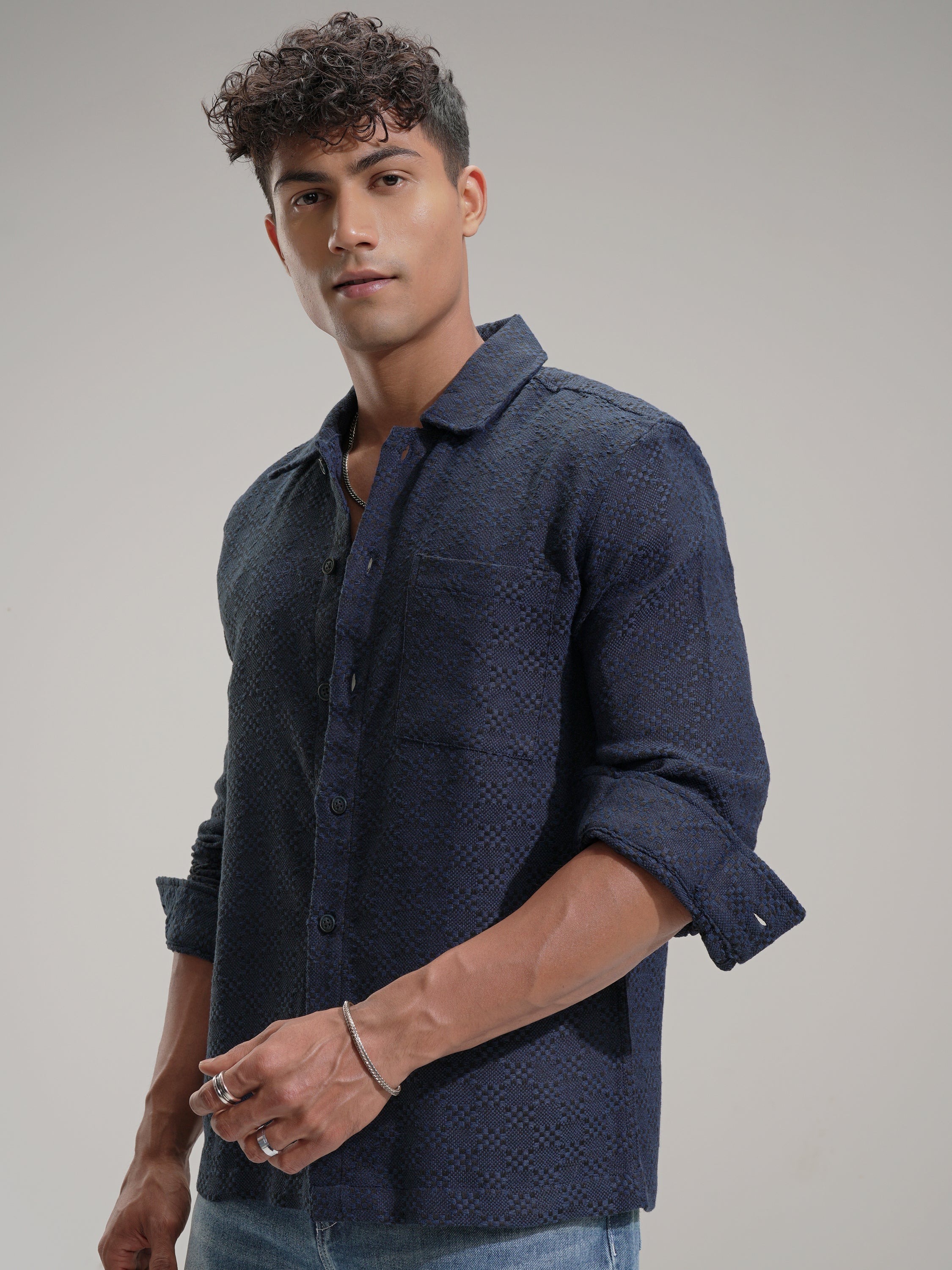 Highlander Men Blue Self Design Relaxed Fit Casual Shirt - Blue - Image 4