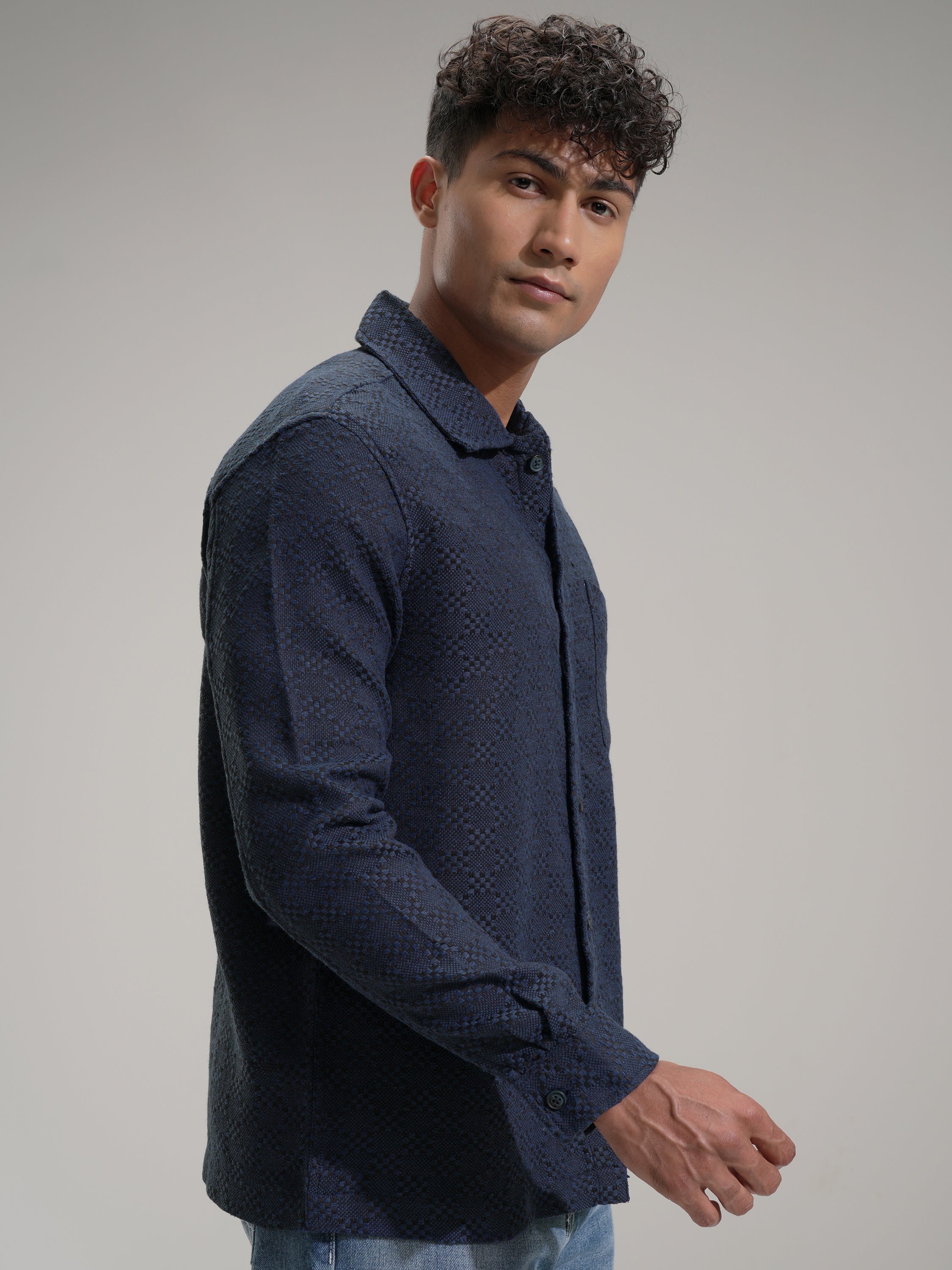 Highlander Men Blue Self Design Relaxed Fit Casual Shirt - Blue - Image 6