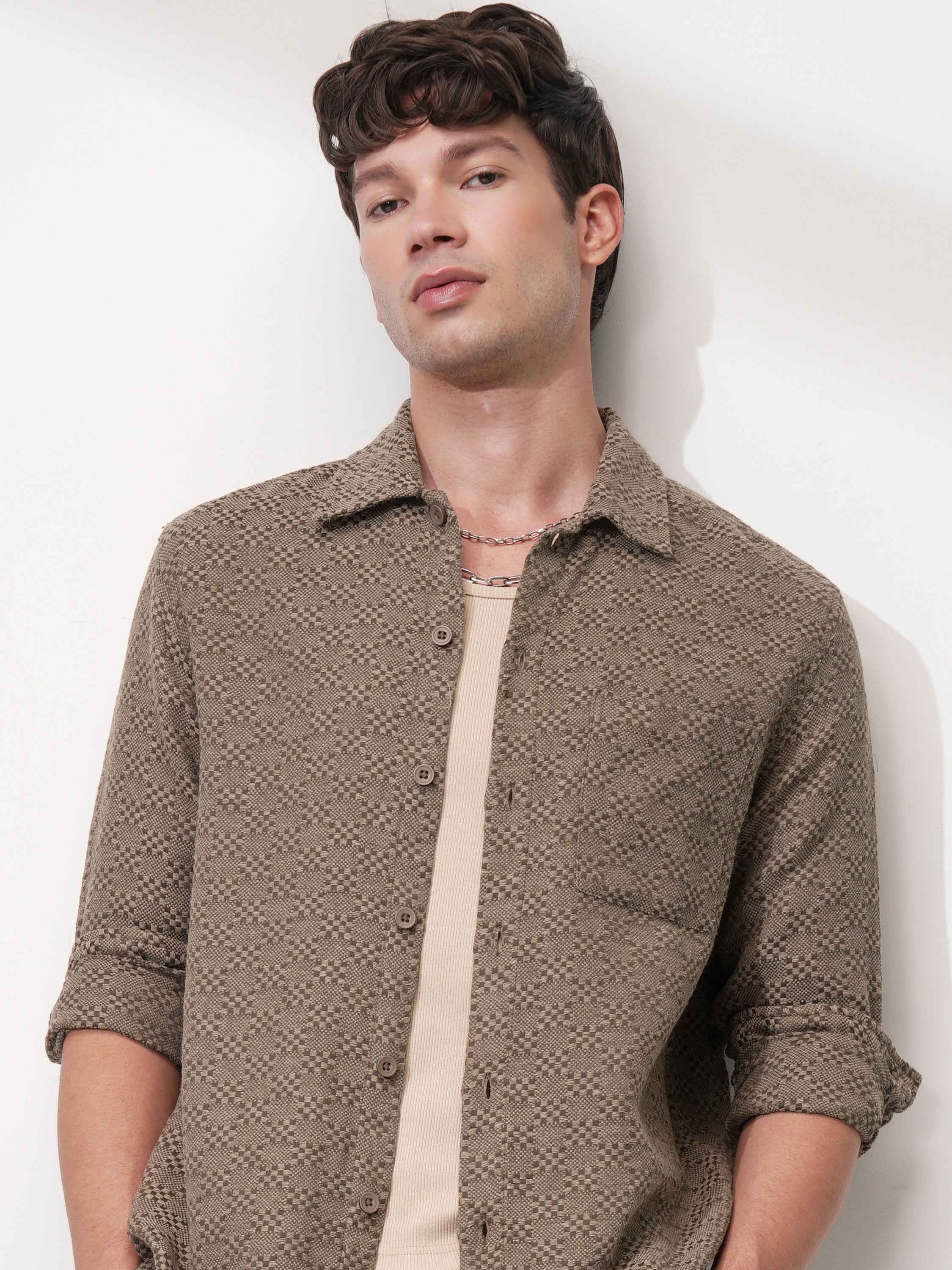 Highlander Men Khaki Self Design Relaxed Fit Casual Shirt - Khaki - Image 1
