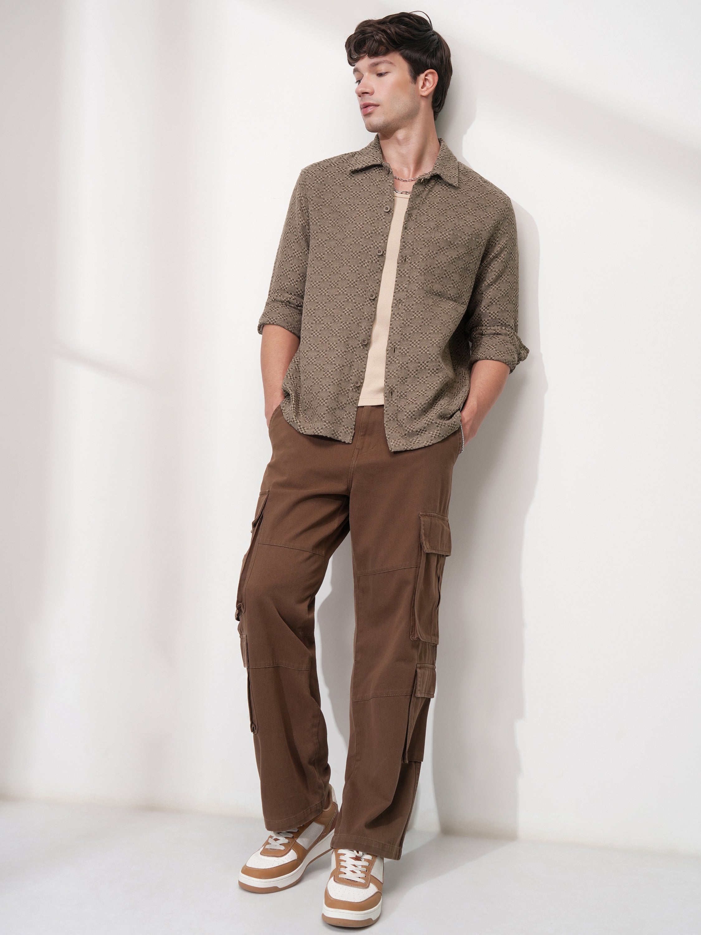 Highlander Men Khaki Self Design Relaxed Fit Casual Shirt - Khaki - Image 2