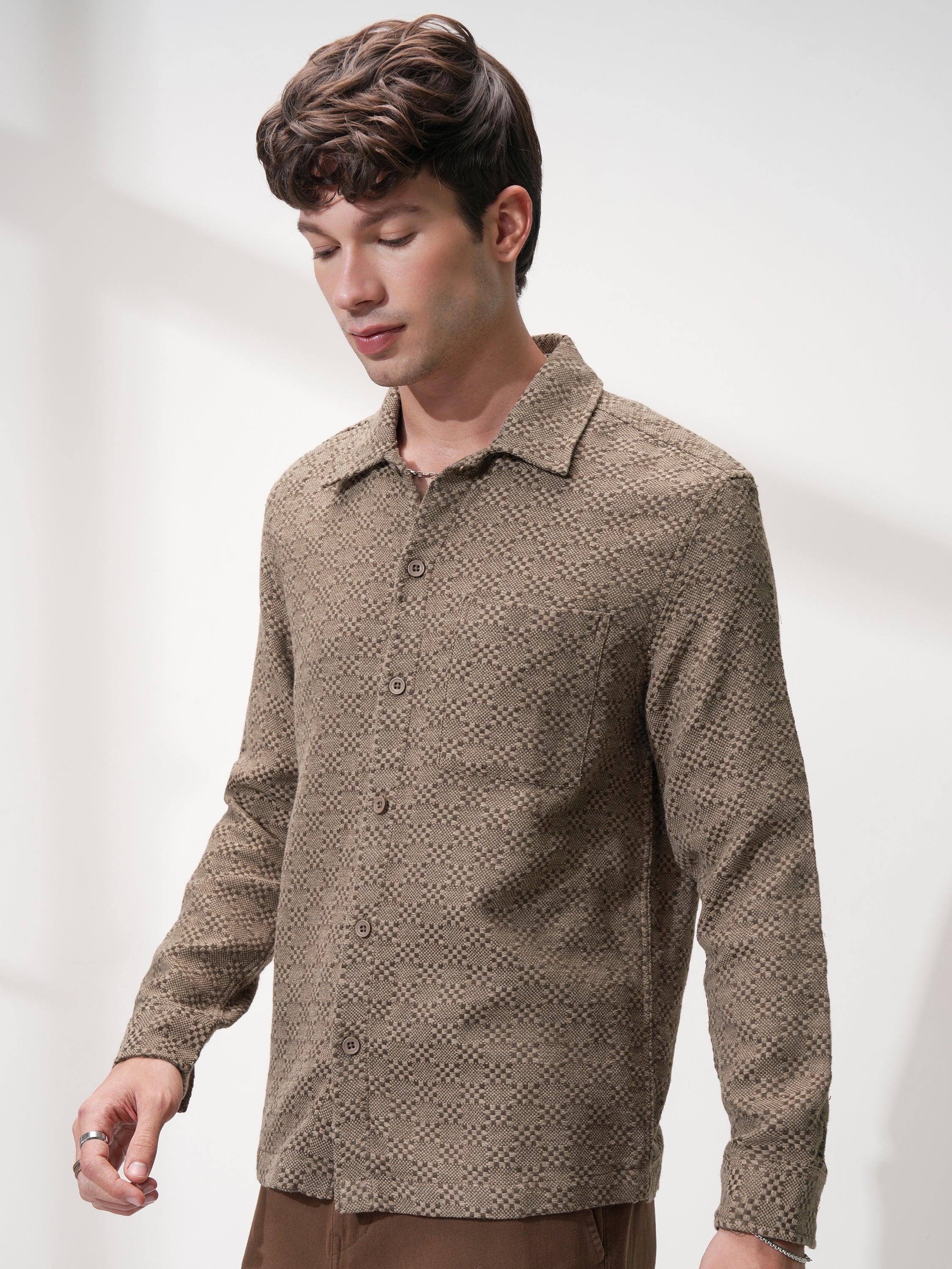 Highlander Men Khaki Self Design Relaxed Fit Casual Shirt - Khaki - Image 4