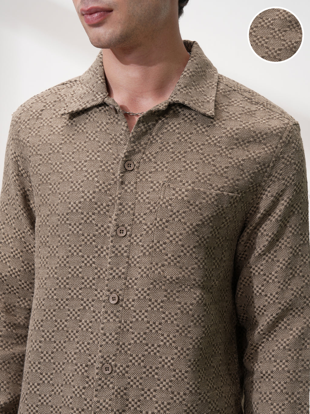 Highlander Men Khaki Self Design Relaxed Fit Casual Shirt - Khaki - Image 5