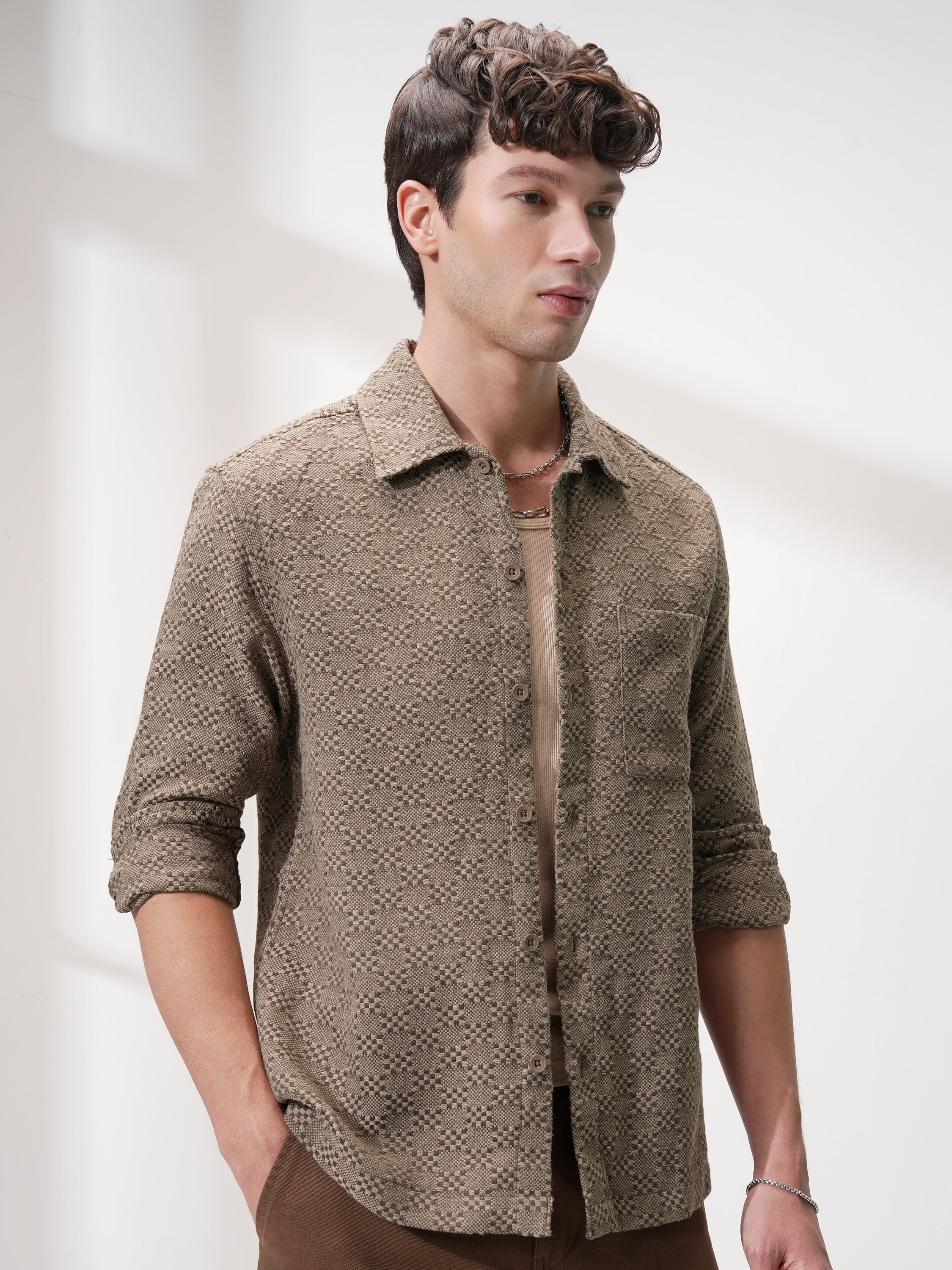 Highlander Men Khaki Self Design Relaxed Fit Casual Shirt - Khaki - Image 6