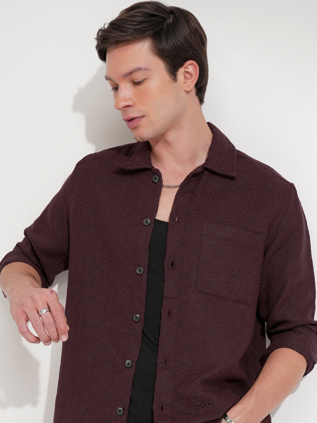Highlander Men Maroon Self Design Relaxed Fit Casual Shirt - Maroon - Image 1