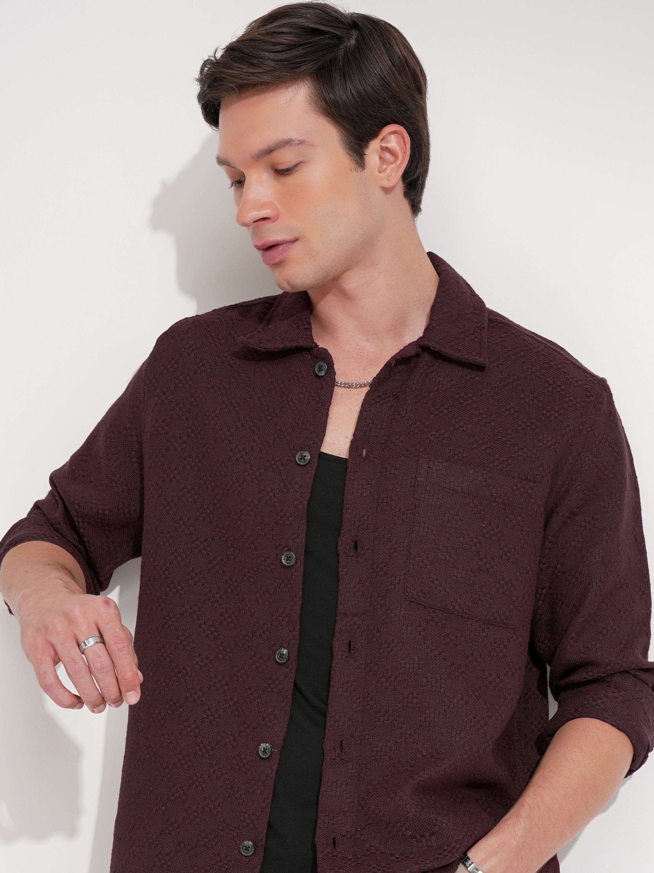 Highlander Men Maroon Self Design Relaxed Fit Casual Shirt - Maroon - Image 1