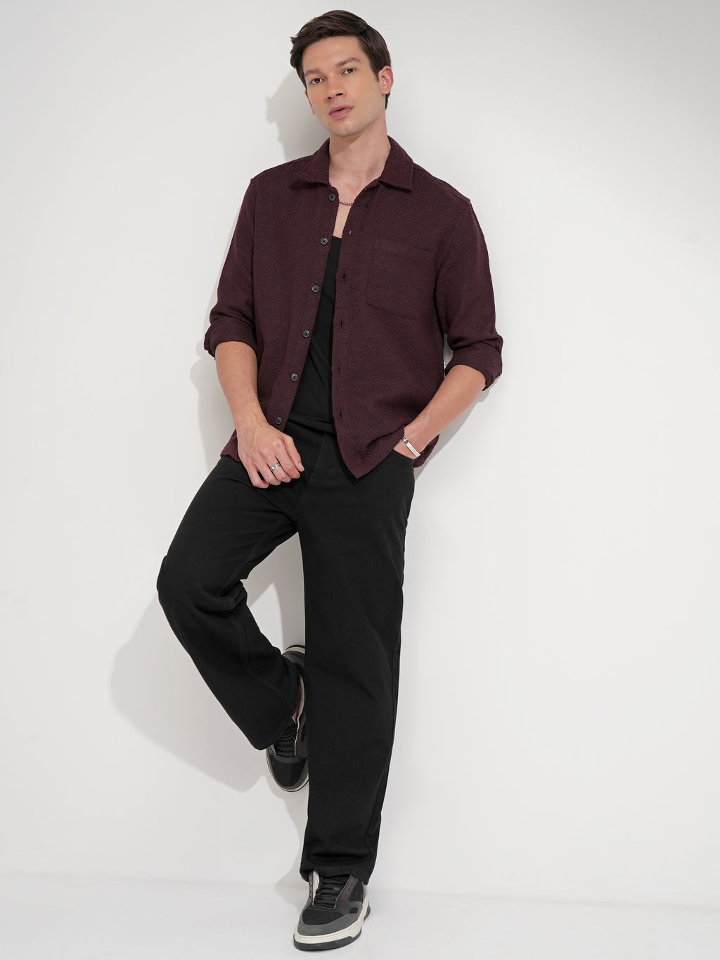 Highlander Men Maroon Self Design Relaxed Fit Casual Shirt - Maroon - Image 2