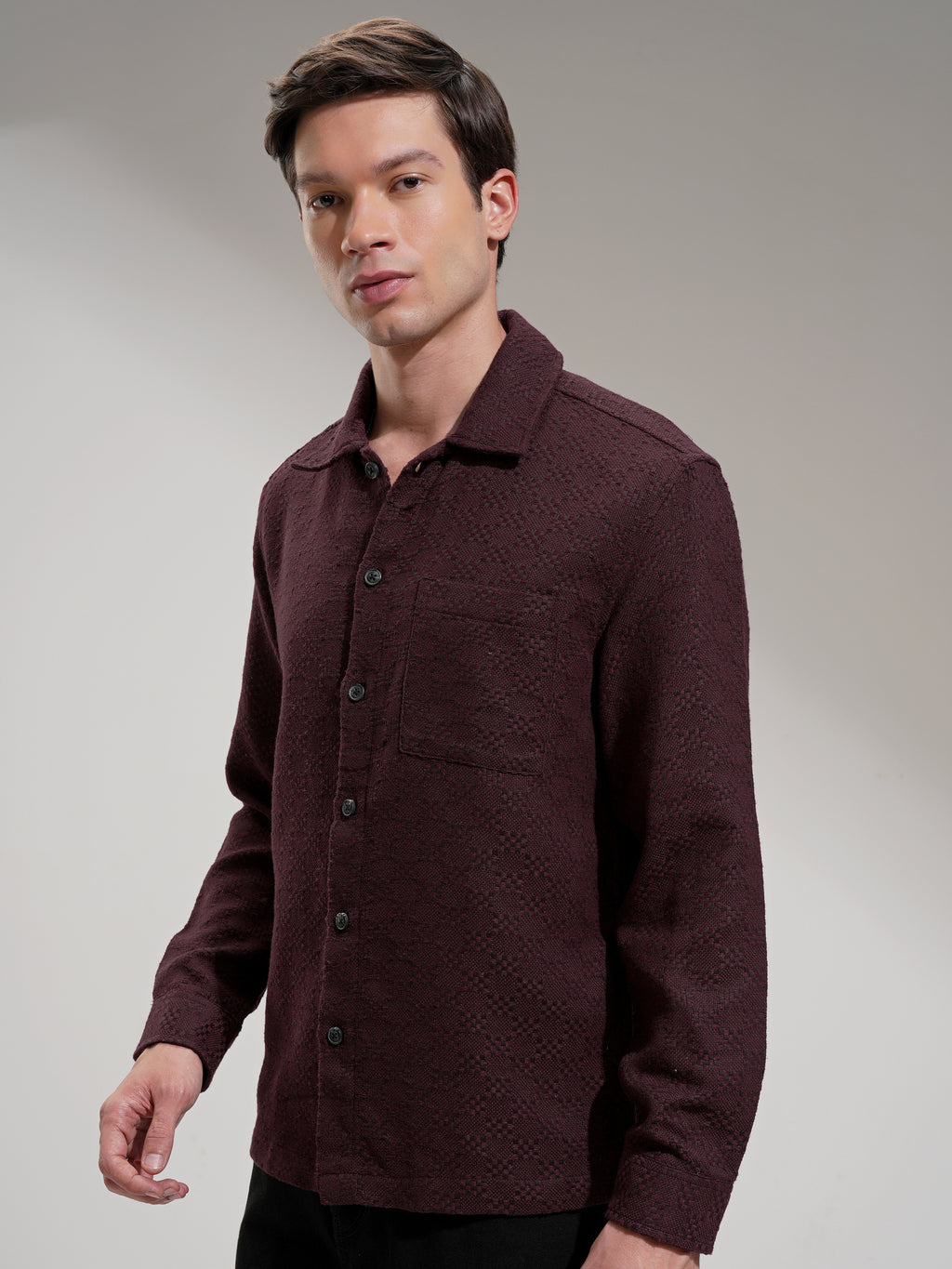 Highlander Men Maroon Self Design Relaxed Fit Casual Shirt - Maroon - Image 4