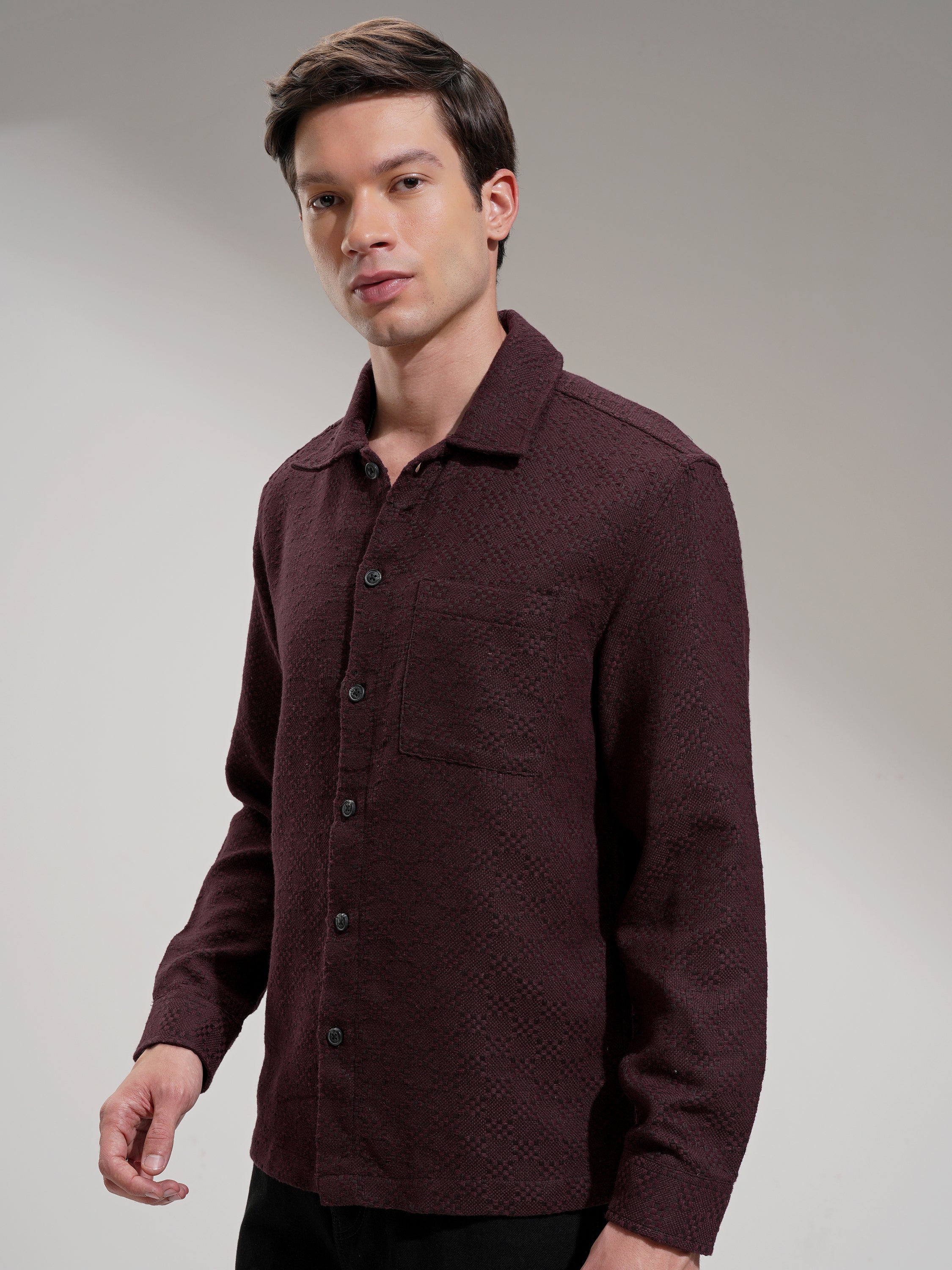 Highlander Men Maroon Self Design Relaxed Fit Casual Shirt - Maroon - Image 4