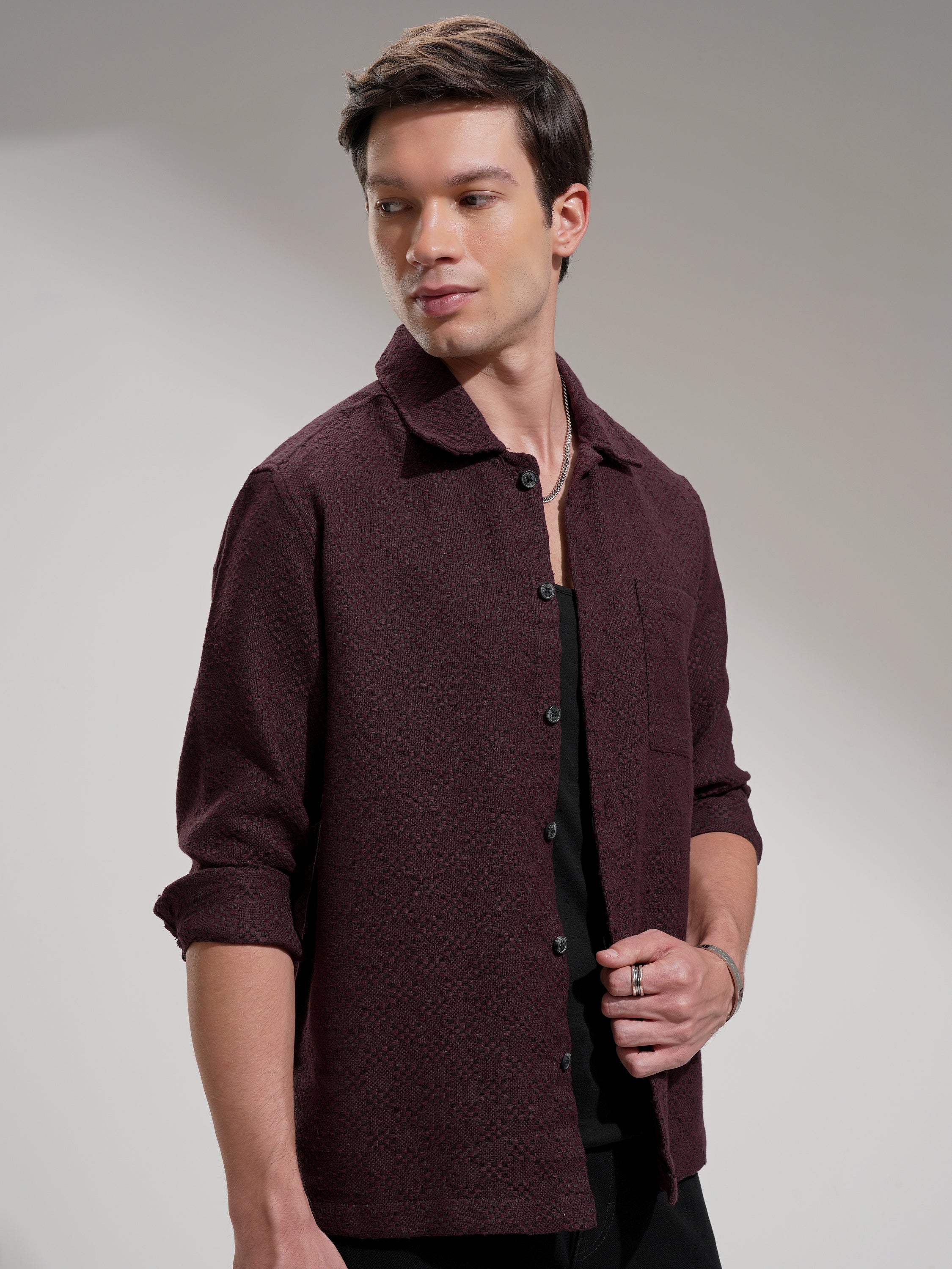 Highlander Men Maroon Self Design Relaxed Fit Casual Shirt - Maroon - Image 6