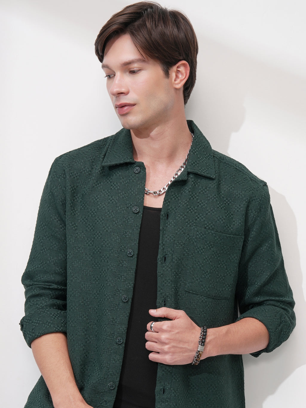 Highlander Men Green Self Design Relaxed Fit Casual Shirt - Green - Image 1
