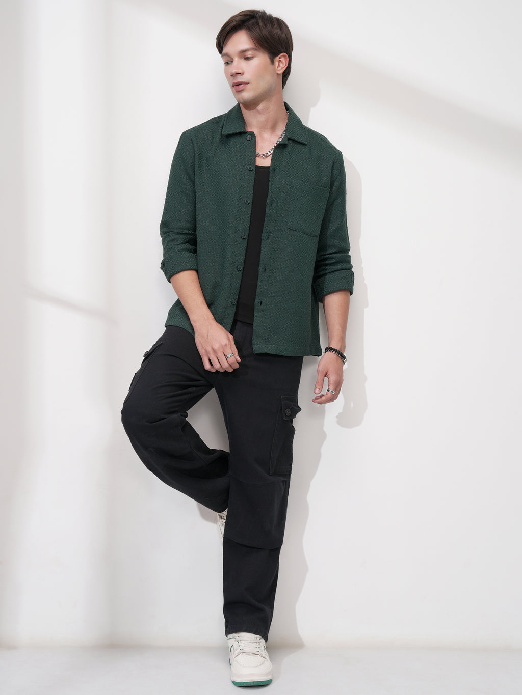 Highlander Men Green Self Design Relaxed Fit Casual Shirt - Green - Image 2