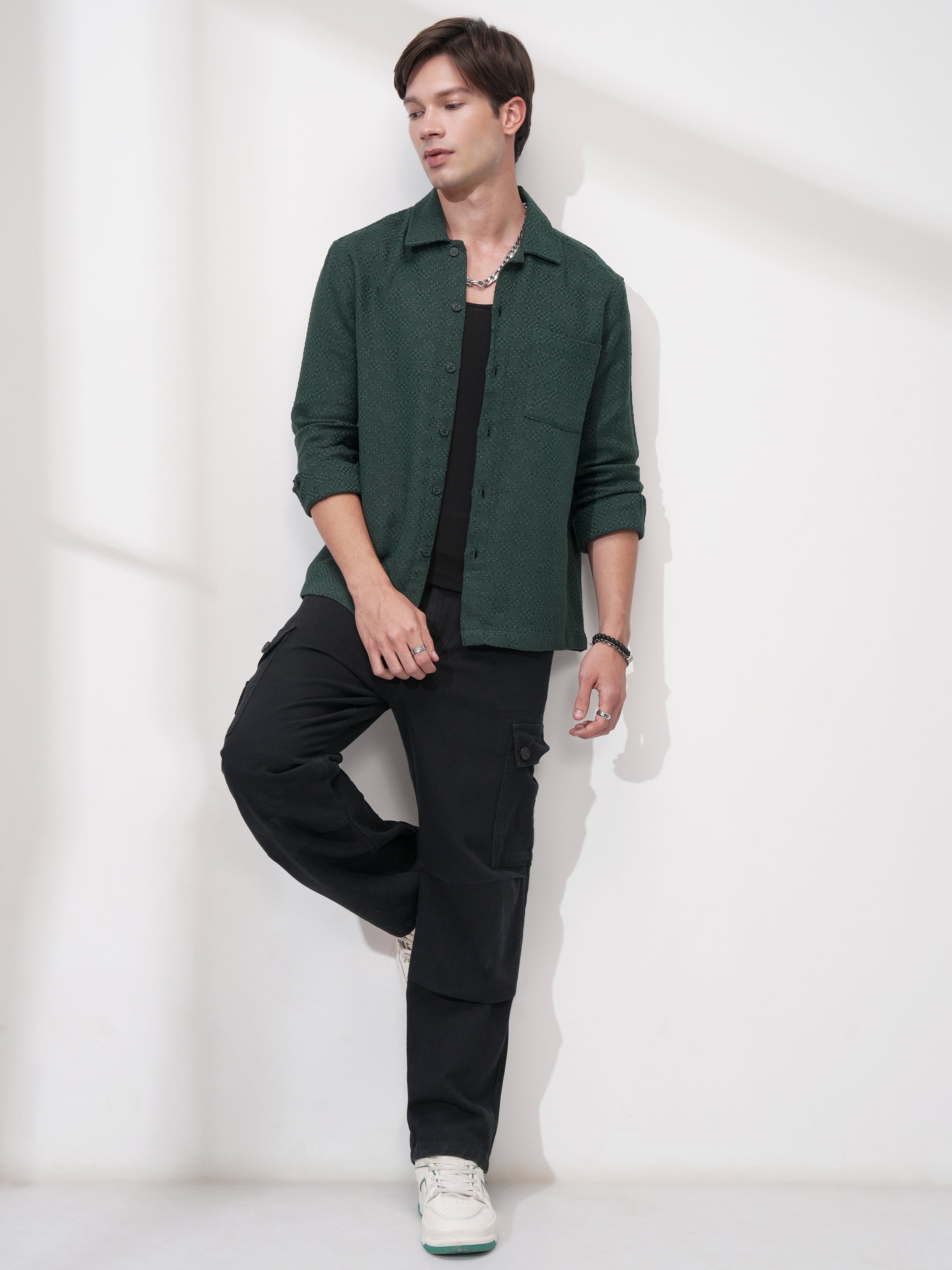 Highlander Men Green Self Design Relaxed Fit Casual Shirt - Green - Image 2