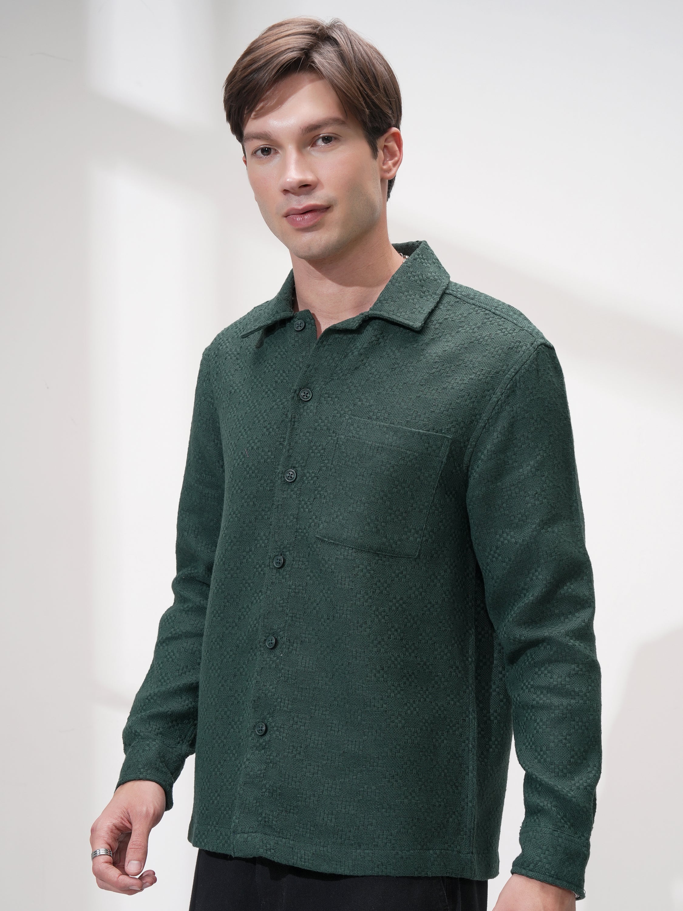 Highlander Men Green Self Design Relaxed Fit Casual Shirt - Green - Image 4